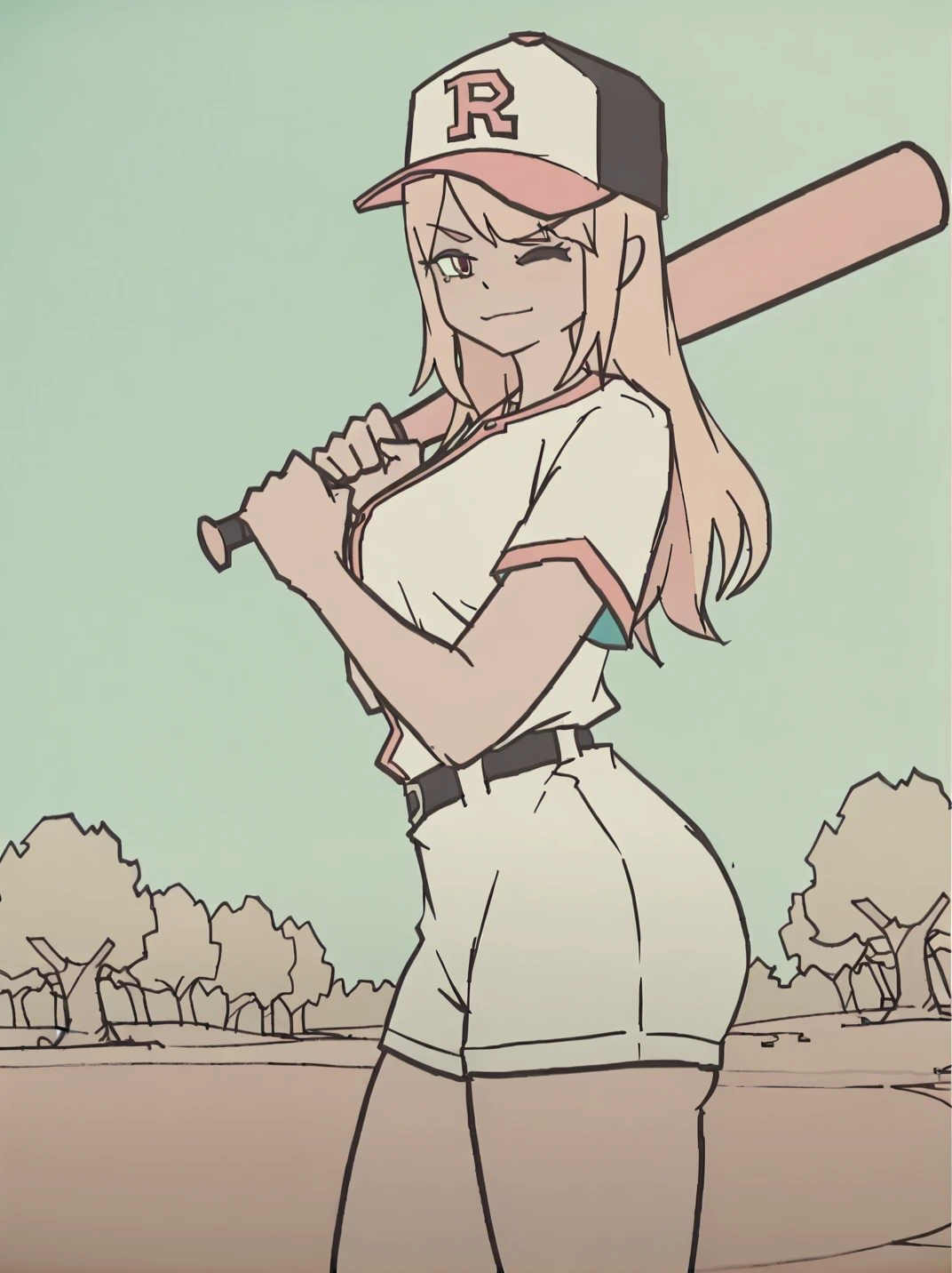 WabokuXL, flat color, sketch, highres, hi res,
girl holding a baseball bat, outdoors, sky, tree, cap, baseball uniform, detailed background, , narrow waist, wide , thick thighs, looking at viewer, cowboy shot, dynamic pose, cute, wide shot, solo, light smile, one eye closed, angry, from side, ,,
<lora:AWaboku_style:1>