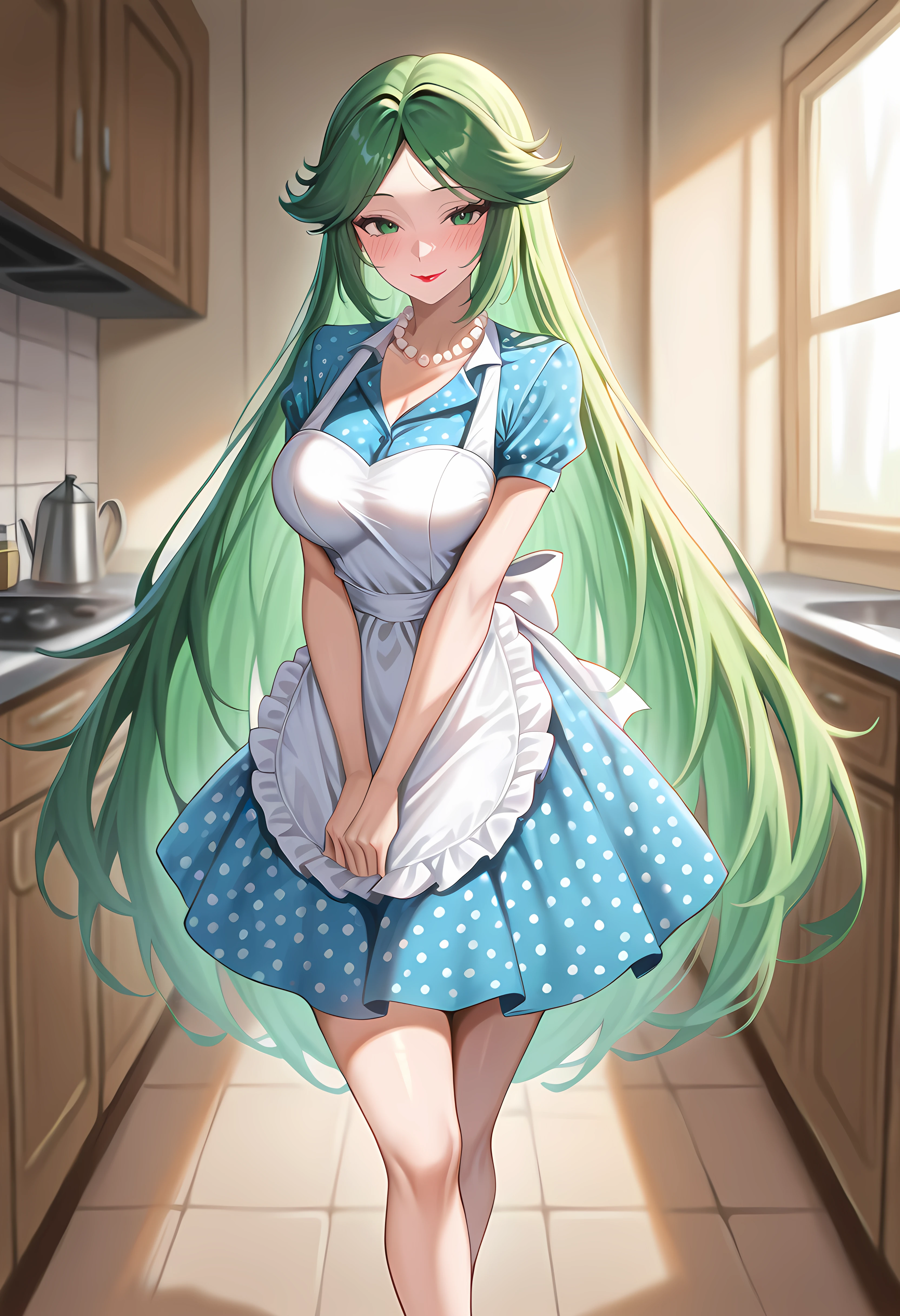Masterpiece, newest, perfect quality, best quality, 1girl, solo, cowboy shot, palutena, 50shous3wif3, jewelry, full body, lipstick, pearl necklace, polka dot dress, frilled apron, high heels, short sleeves, smile, blush, smile, indoors, kitchen