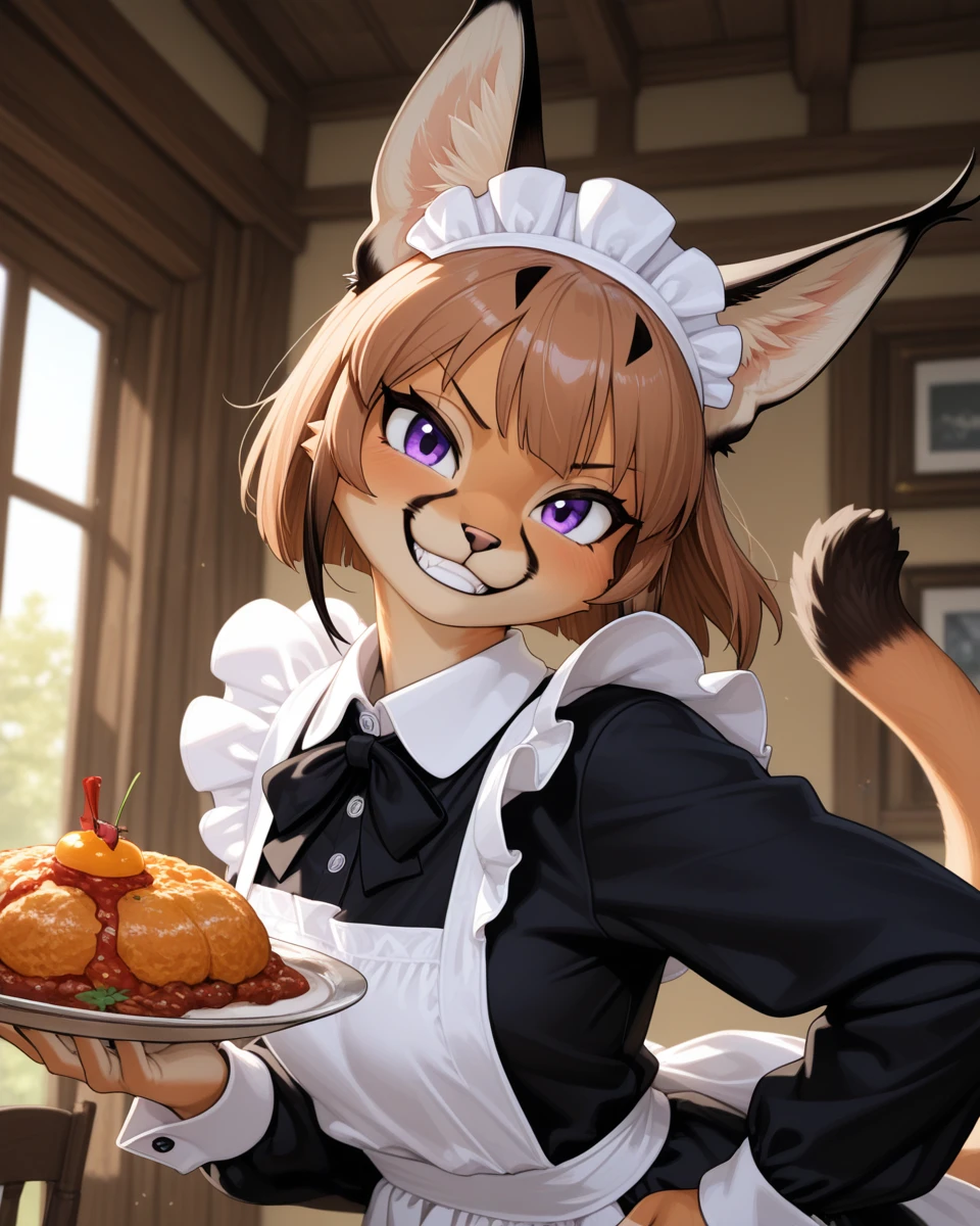 masterpiece, best quality, amazing quality, very aesthetic, 4k, high resolution, ultra-detailed, absurdres, newest, scenery, 1girl, furry, anthro, feline, solo, cat girl, caracal cat, brown hair, bob cut, hair flaps, wavy hair, purple eyes, tsurime, smirk, smug, grin, sharp teeth, v-shaped eyebrows, doyagao, french maid, maid headwear, holding plate with food on with one hand, hand on hip, looking at viewer, dutch angle, from below, upper body, face focus, long ears, twisty pose, floating hair, leaning forward, twisted torso, hip tilt, head tilt, BREAK, cinematic, eyes, detailed eyes, detailed hair, depth of field, detailed fluffy fur, photorealistic details, volumetric lighting
