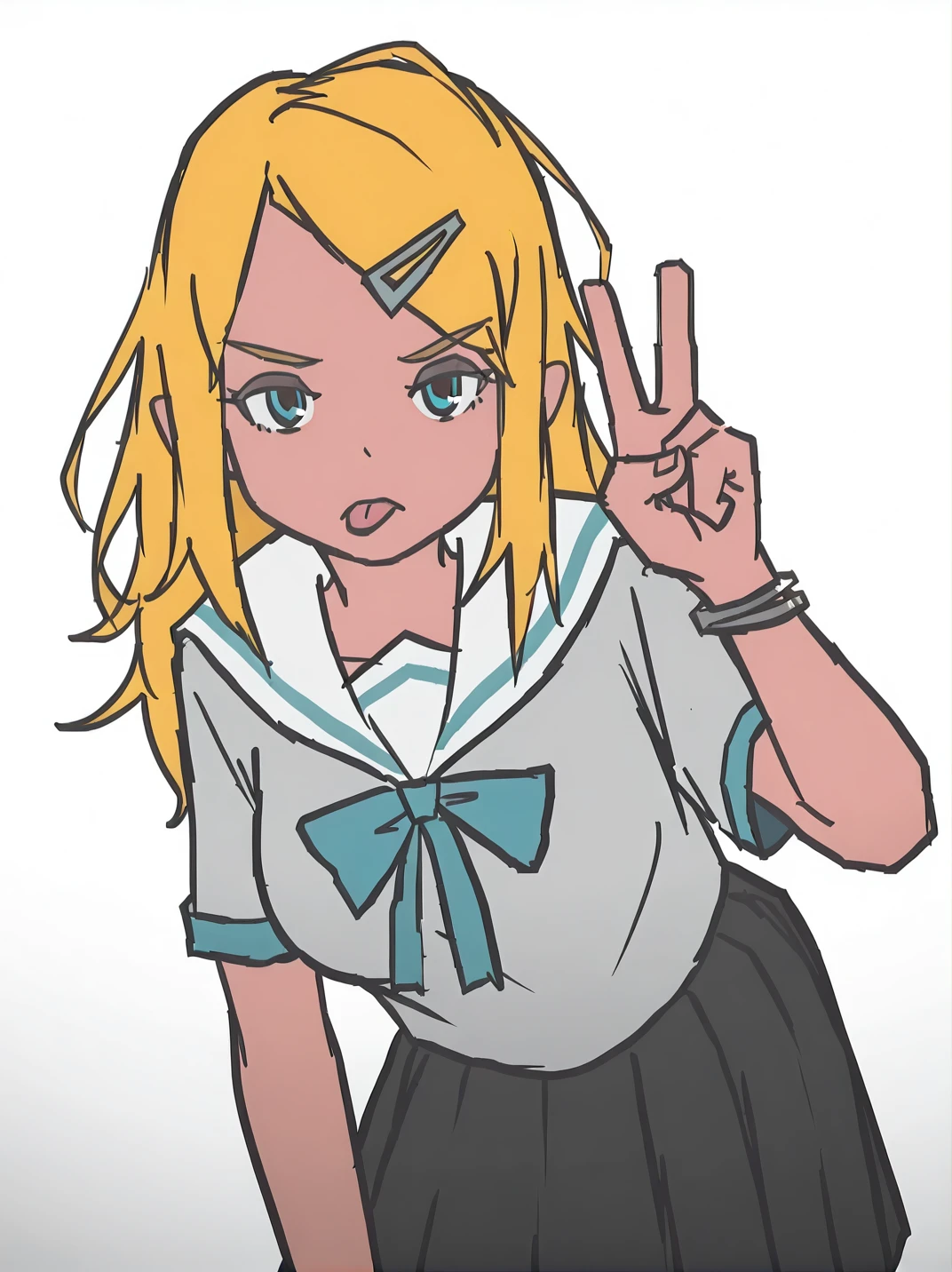 WabokuXL, flat color, sketch, highres, hi res,
1girl, very cute face, girly, school uniform, hairclip, bracelet, messy hair, blonde hair, blue eyes, front, leaning forward, v, serious, serafuku, tongue out, neck ribbon, looking at viewer, white background, dynamic pose, cowboy shot, hair ornament, ,,
<lora:AWaboku_style:1>