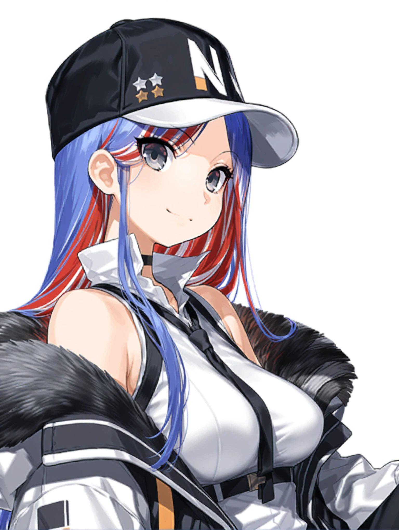 masterpiece,best quality,amazing quality,
solo,1girl,
<lora:south_dakota_v1.6:1>,s_hat,baseball cap,
B_B_s_dakota,multicolored hair,long hair,grey eyes,
v_clothes,black tie,sleeveless shirt,fur trim,multicolored jacket,open clothes,
<lora:Fixhands_anime_bdsqlsz_V1:1>,sitting,simple background,white_background,profile,upper_body,expressionless,looking_at_viewer,smile,