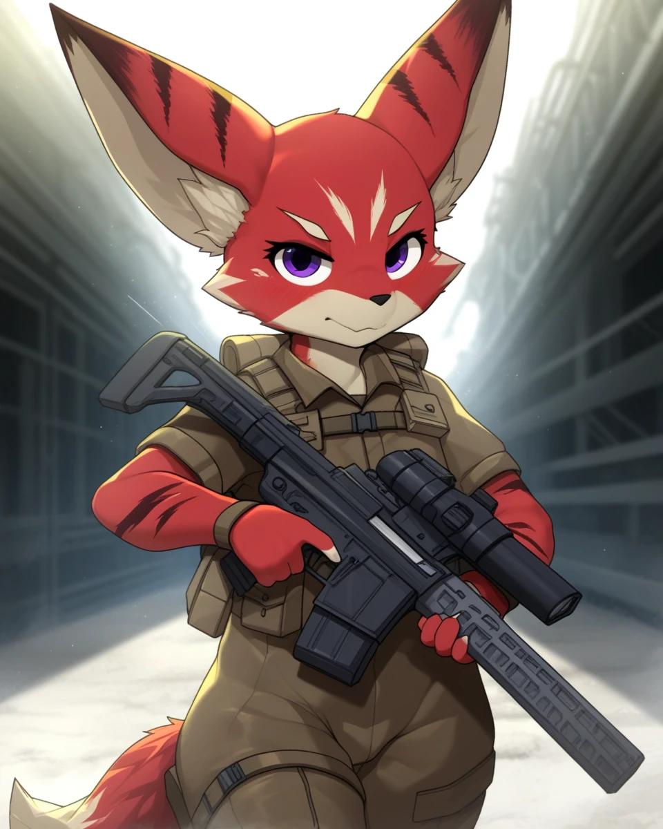 sinensian, vulpera, anthro, blurred background, tactile gear, holding weapon, purple eyes,