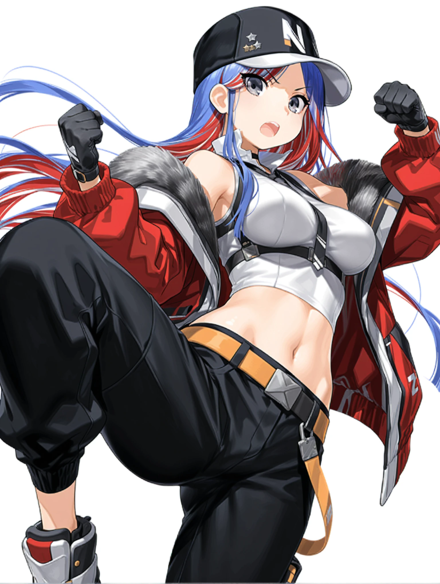 masterpiece,best quality,amazing quality,
solo,1girl,
<lora:south_dakota_v1.6:1>,s_hat,baseball cap,
B_B_s_dakota,multicolored hair,long hair,grey eyes,
v_clothes,black tie,sleeveless shirt,fur trim,open clothes,black gloves,jacket,gloves,midriff,navel,black pants,
<lora:Fixhands_anime_bdsqlsz_V1:1>,dynamic_angle,cinematic_angle,looking_at_viewer,simple_background,fighting_stance,fighting,clenched hands,serious,jumping,from_below,knee_up,knees_to_chest,open mouth,white_background,