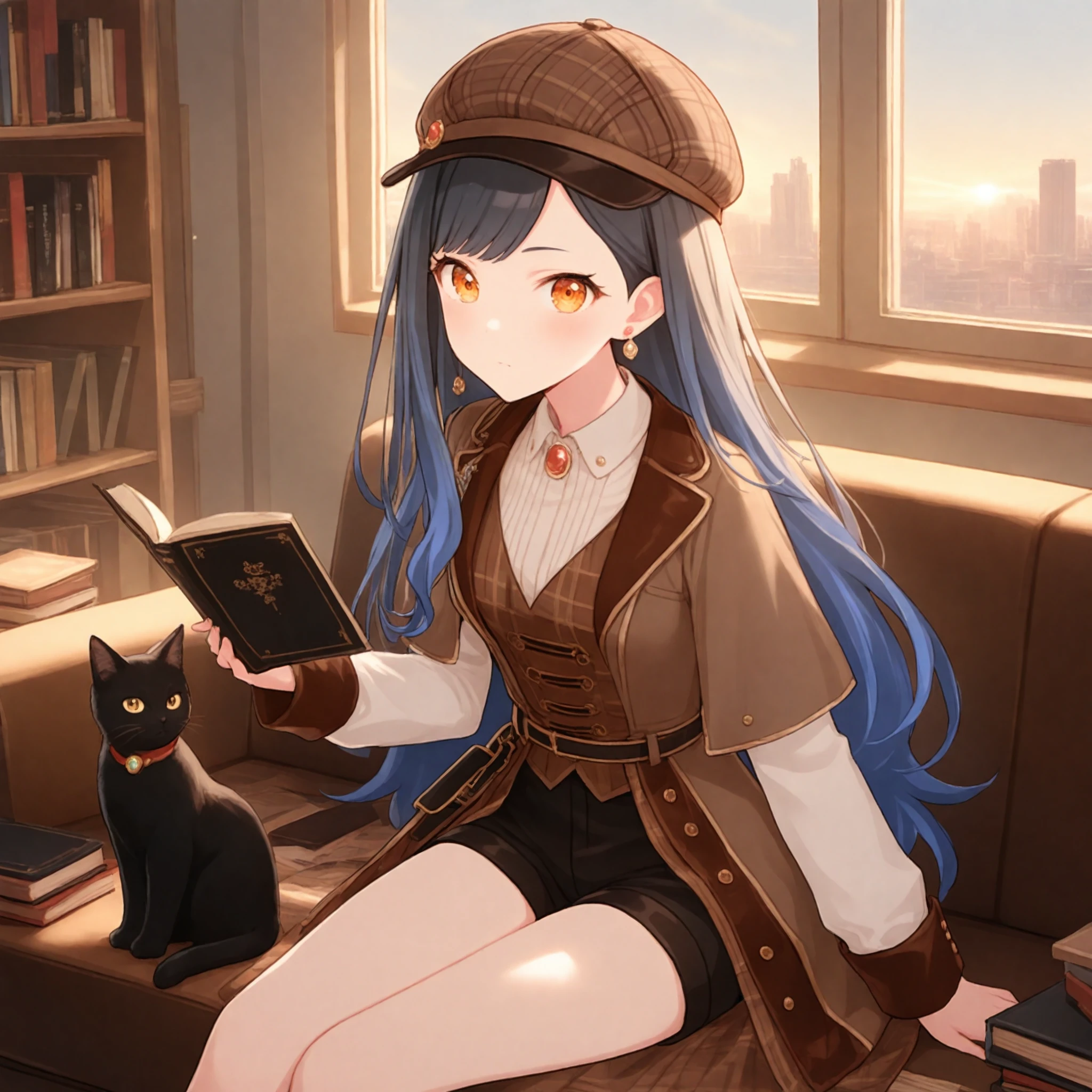 1girl, shiraishi an, project sekai, solo,
meitantei, orange eyes, four fingers and thumb,
looking at viewer, sitting on sofa, leaning forward, reading book, cowboy shot, cat on knee,
brown headwear, black shorts, white shirt, long sleeves, brown vest, brooch, plaid, detective, plaid headwear, capelet, deerstalker, jewelry, coat, collared shirt, belt, short shorts, beret, jacket, brown coat,
day, dusk, messy room, a lot of books on floor, piled books, black cat,
nijistyle, jwst, masterpiece, best quality, amazing quality, very aesthetic, highres, ultra detailed, ray tracing,
<lora:hand 5.5:1>, <lora:ObIL-style-nijistyle02:0.6>, <lora:ObIL-style-JWST02:0.2>,
<lora:ObIL-vbs-Meitantei01:0.6>