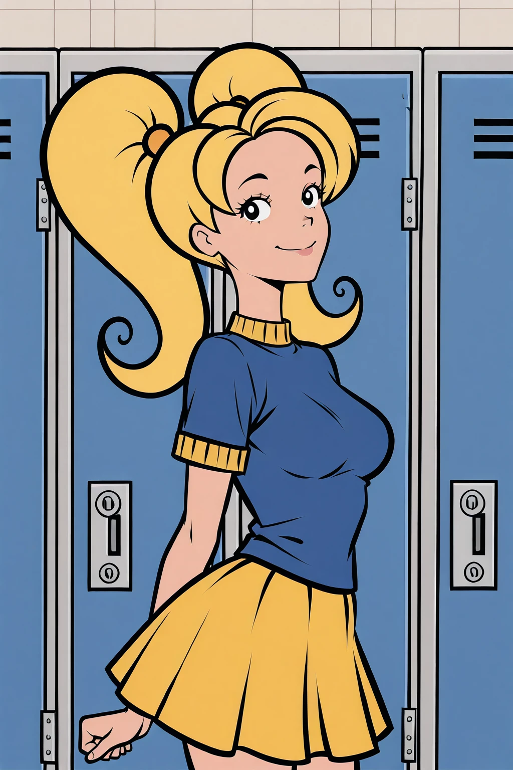 vscore_9, score_8_up,best quality, masterpiece, anime, anime artstyle, flat coloring, 1girl,Brittany, yellow skirt, twintails,smile,lockers, <lora:Brittany_Taylor:1>