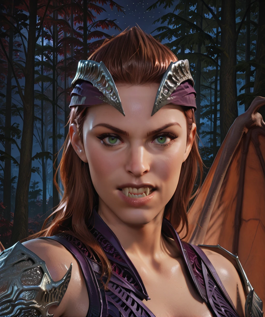 nitaraxl, brown hair, green eyes, mullet, tiara, light makeup,
wings, vampire teeth,
silver armor, tiara, purple attire, looking at viewer,
night, forest, close up,
detailed environment, clear composition, atmospheric haze,
(insanely detailed, masterpiece, best quality,),
<lora:nitaraMK1xl-12v1-ILL:1>,
