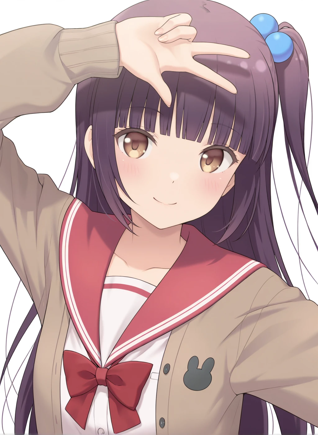 masterpiece,best quality,amazing quality,very aesthetic,high resolution,ultra-detailed,absurdres,newest,scenery,sensitive BREAK
<lora:nakajima_yua_V1_IL:1>,(nakajima yua, hinako note, long hair, purple hair, hair bobbles, blunt bangs, one side up, brown eyes),(school uniform,serafuku,red sailor collar,red bowtie,white shirt,cardigan,long sleeves,,),1girl,solo,smile,posing,standing,looking at viewer,portrait,simple background,white background,