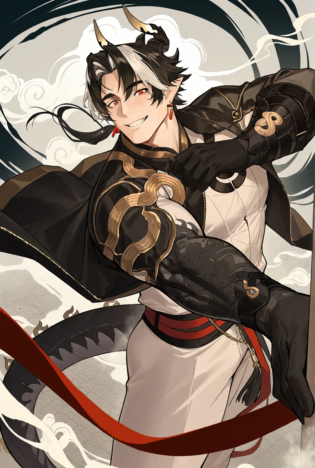 very awe,aesthetically pleasing,masterpiece,best quality,amazing quality,very aesthetic,ultra-detailed,high resolution,8k,1boy,solo,male focus,detailed face,horns,black hair,pointy ears,multicolored hair,white hair,jewelry,mature male,dragon boy,earrings,red eyes,colored skin arms,black arms,black hands,jacket,long sleeves,dynamic pose,steaming,smile,teeth,perspective,ink background,looking at viewer,<lora:add-detail-xl:1>,<lora:Chongyue:0.7>,chongyue ak,<lora:jiaocha_illustriousXL:0.5>,