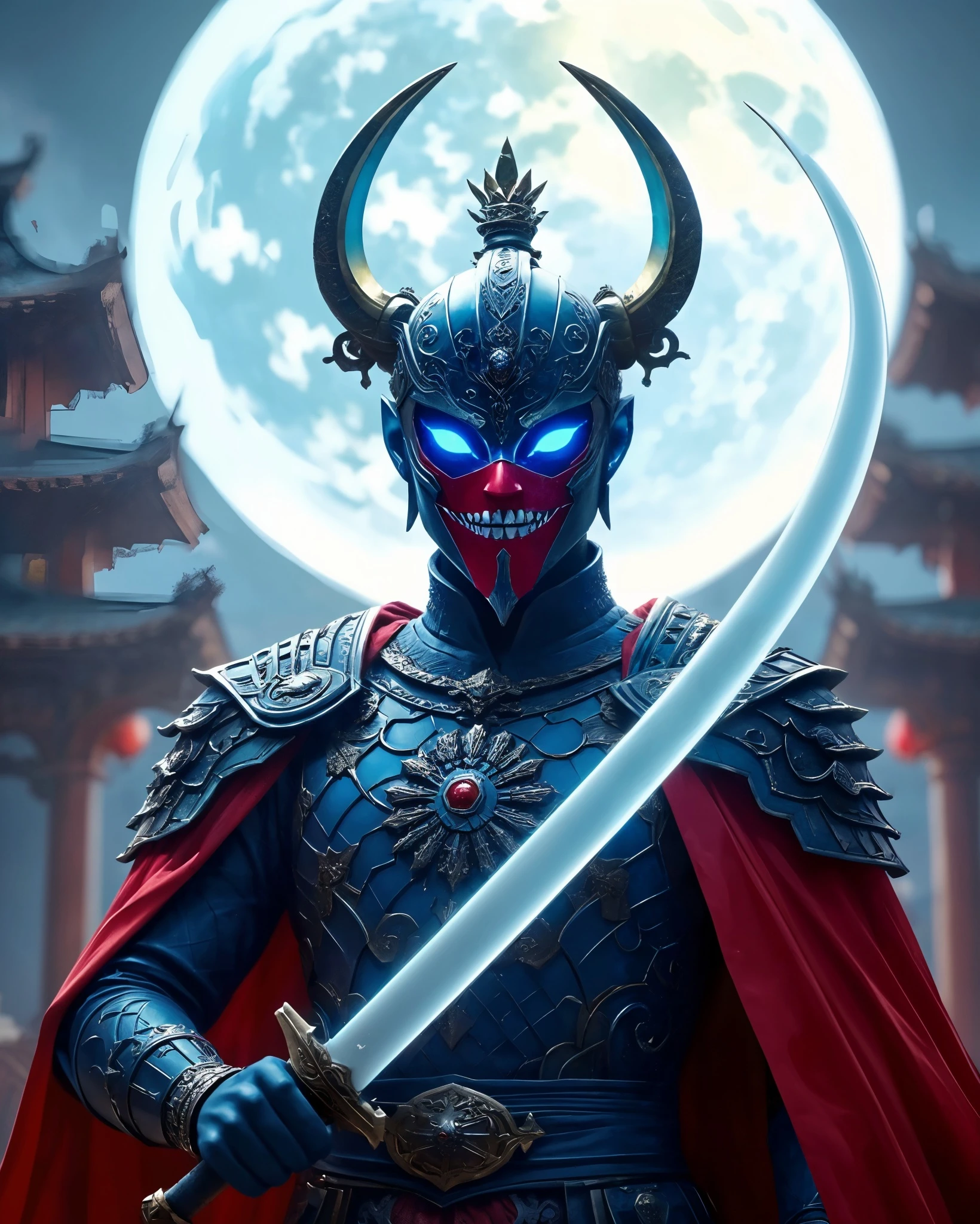 A masked warrior stands confidently with a glowing sword, clad in intricate blue armor detailed with ornate designs and a flowing red cape. The mask features sharp horns and a menacing grin with bright blue eyes, set against a backdrop of traditional Asian architecture under a large, luminous moon. The overall atmosphere conveys a sense of mystique and power.