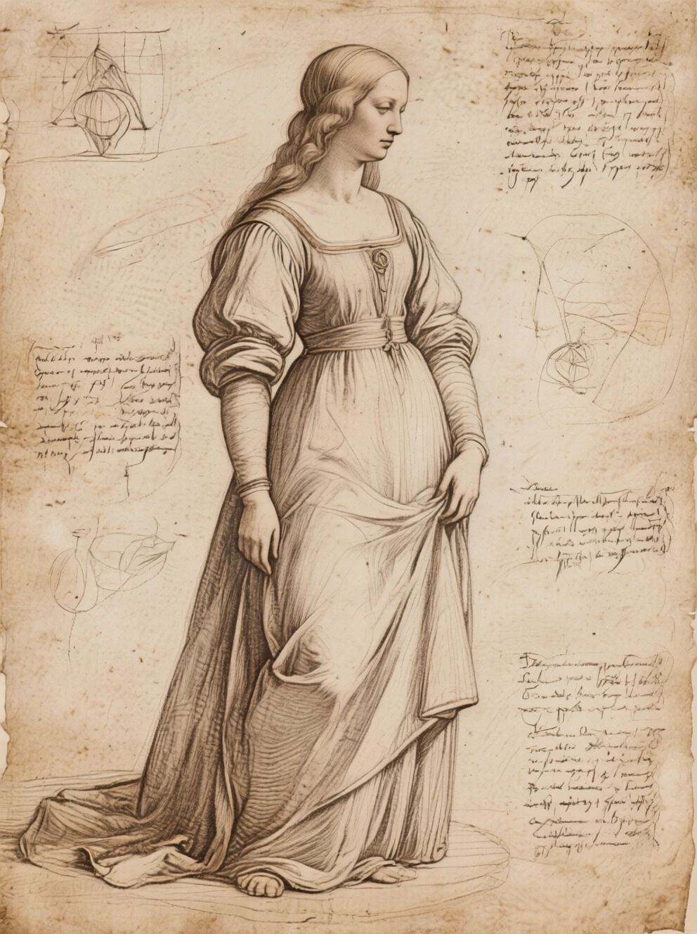 On old parchment. A sketch of a young woman, in an old style, reminiscent of Leonardo Da Vinci. Notes and scribblings in the margins.