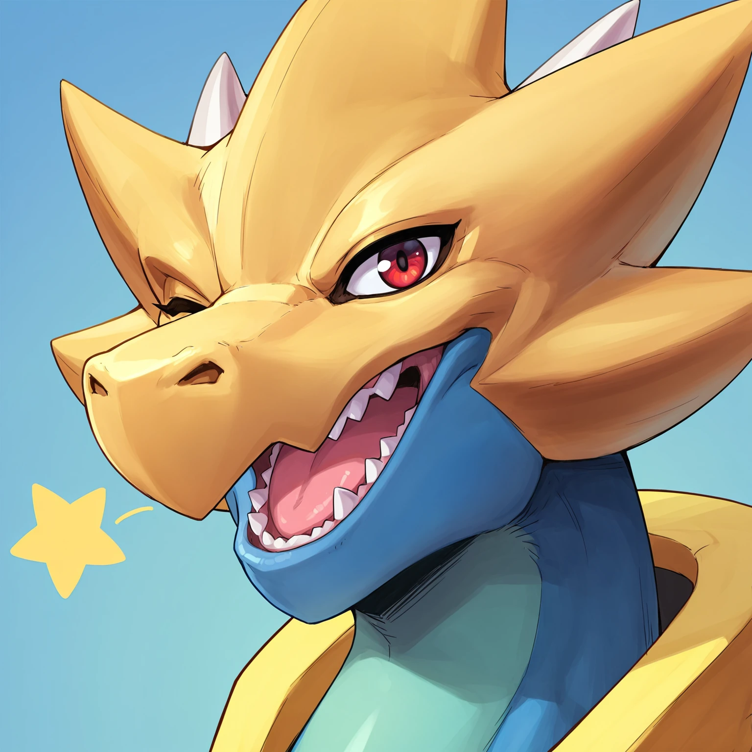 masterpiece, best quality, perfect quality, score_9, score_8, detailed anatomy, perfect anatomy, 1boy, male, solo, no humans,ST4R, star-shaped head,dragon,horns,red eyes, yellow AND blue skin, close-up, wink, one eye close, open mouth, smile, happy, sharp teeth, star, wink with star, one eye on viewer