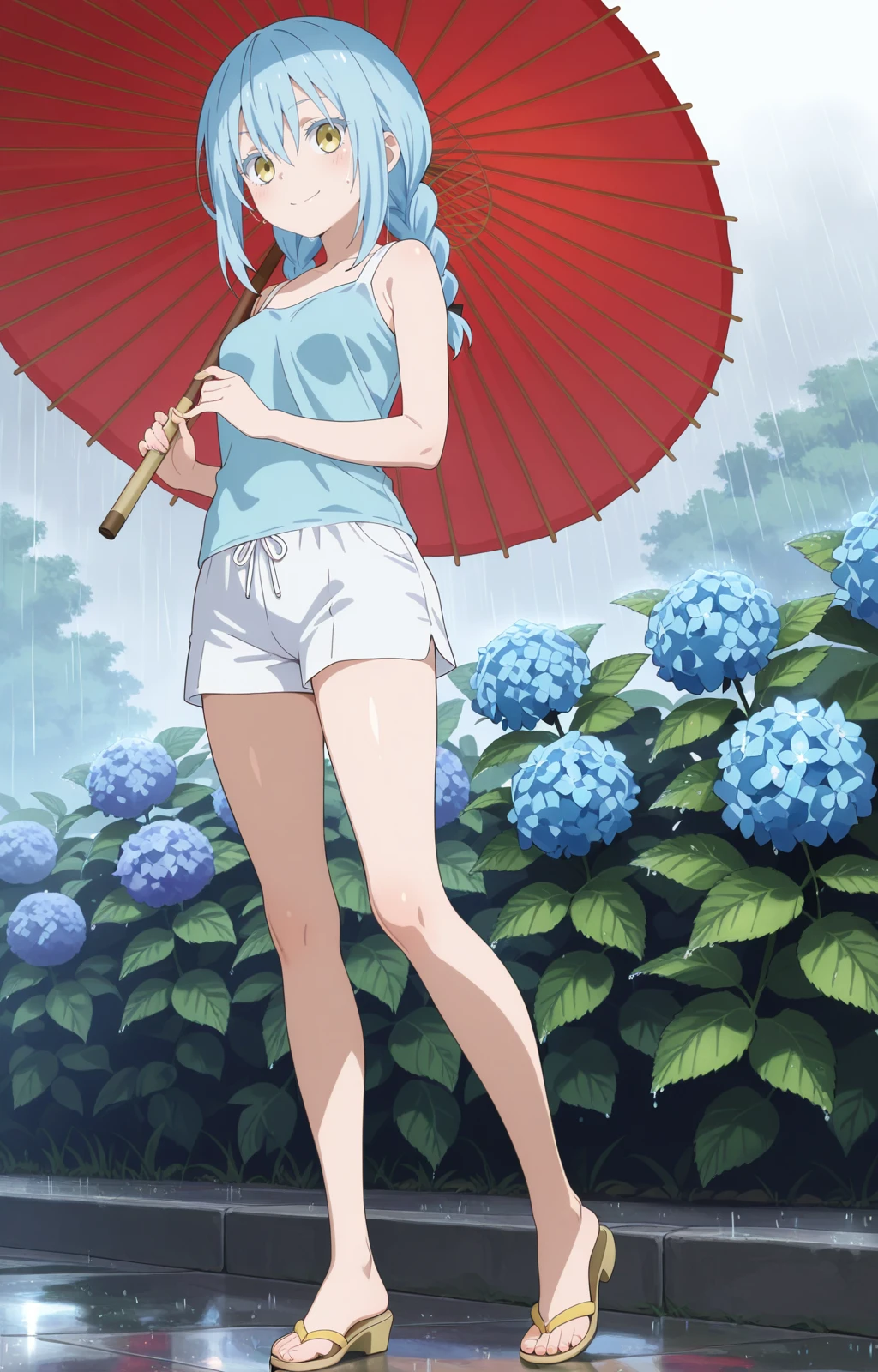 (masterpiece),best quality,amazing quality,very aesthetic,absurdres,newest,perfect body,shiny skin,perfect eyes,detail1eye,
rimuru tempest, nikki, 1girl, medium breasts, umbrella, solo, flower, hydrangea, braid, smile, blue hair,standing, , looking at viewer, , long hair, oil-paper umbrella, holding umbrella, shorts, holding, hair between eyes,, twin braids, sleeveless, bangs, closed mouth, rain,white shorts,<lora:rimuru_nikki_03+06_ILXL:1>
sandals, 1girl, solo, toes, feet, , legs, toenails, flip-flops,, blonde footwear ,heel up,high heels,<lora:sandals_v3_ILXL:1>