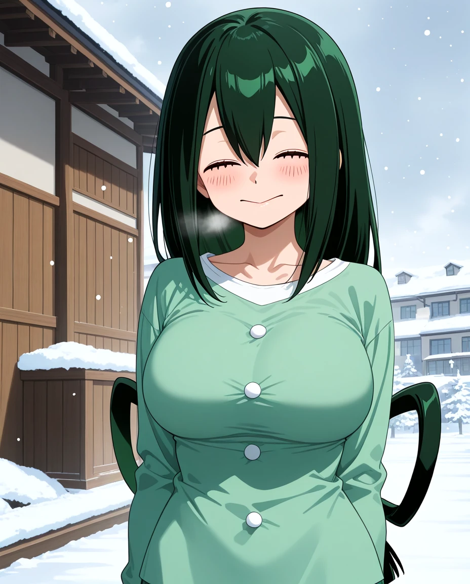 asui tsuyu, 1girl, bangs, blush, breasts, building, closed eyes, closed mouth, collarbone, green hair, green shirt, hair between eyes, large breasts, long hair, long sleeves, outdoors, shirt, smile, snow, snowing, solo, standing, upper body, white button, white collar, white shirt, winter, winter clothes, winter shirt, score_9, score_8_up, score_7_up, anime coloring, anime screencap