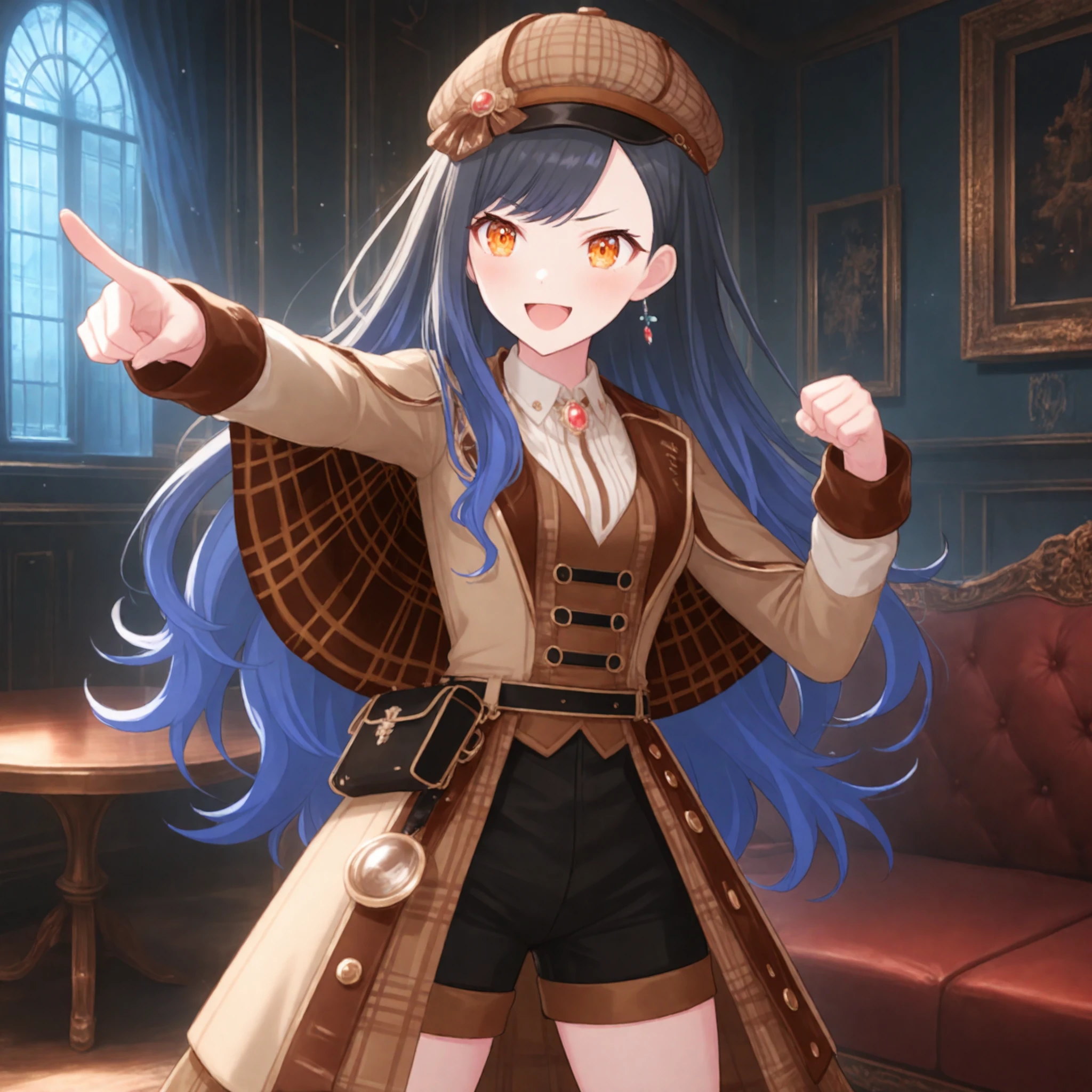 1girl, shiraishi an, project sekai, solo,
meitantei, orange eyes, four fingers and thumb,
looking away, outstretched arm, hands up, pointing at viewer, :D, v-shape eyebrow,legs apart, clenched hand, 
brown headwear, black shorts, white shirt, long sleeves, brown vest, brooch, plaid, detective, plaid headwear, capelet, deerstalker, jewelry, coat, collared shirt, belt, short shorts, beret, jacket, brown coat,
dark, midnight, gothic room, sofa, table, window, 
nijistyle, jwst, masterpiece, best quality, amazing quality, very aesthetic, highres, ultra detailed, ray tracing,
<lora:hand 5.5:1>, <lora:IL-style-nijistyle02:0.6>, <lora:IL-style-JWST02:0.2>,
<lora:IL-vbs-Meitantei01:0.6>