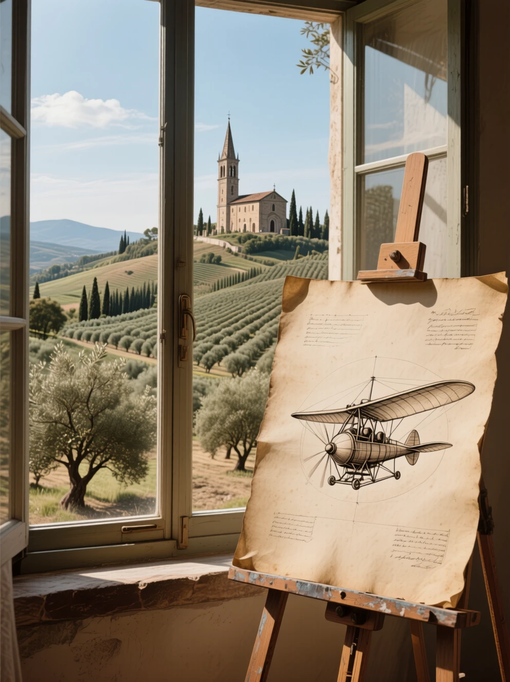 Old parchment on an easel by a window. On the parchment is a drawing depicting the concept for a flying machine.
Out the window is a view of an Italian olive grove on a sunny day. On a distant hilltop stands a church with a high spire.