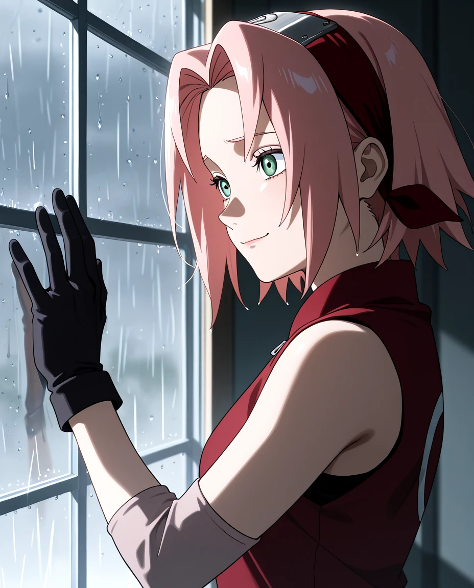 1girl, haruno sakura, pink hair, short, hair, green eyes, forehead protector, sleeveless, red shirt, black gloves, upper body, from side, looking afar,sad smile, sidelighting, rain, window fog, window, hand on glass, score_9, score_8_up, score_7_up, anime coloring, anime screencap, <lora:SakuraShippudenXL:0.8>, <lora:dark chiaroscuro:1>