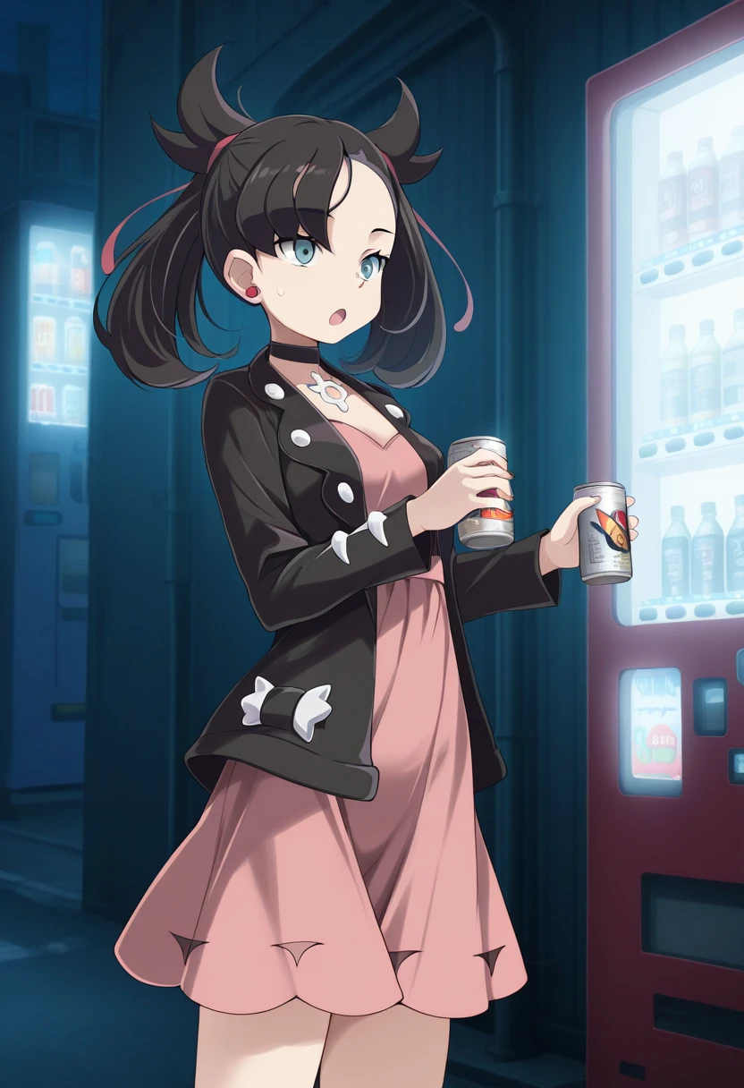 1girl, solo, marimarniess, black hair, twintails, medium hair, hair ribbon, asymmetrical bangs, undercut, earclip, choker, jacket, long sleeves, dress, cowboy shot, outdoors, city, vending machine, holding tin can, open mouth, :o, night
