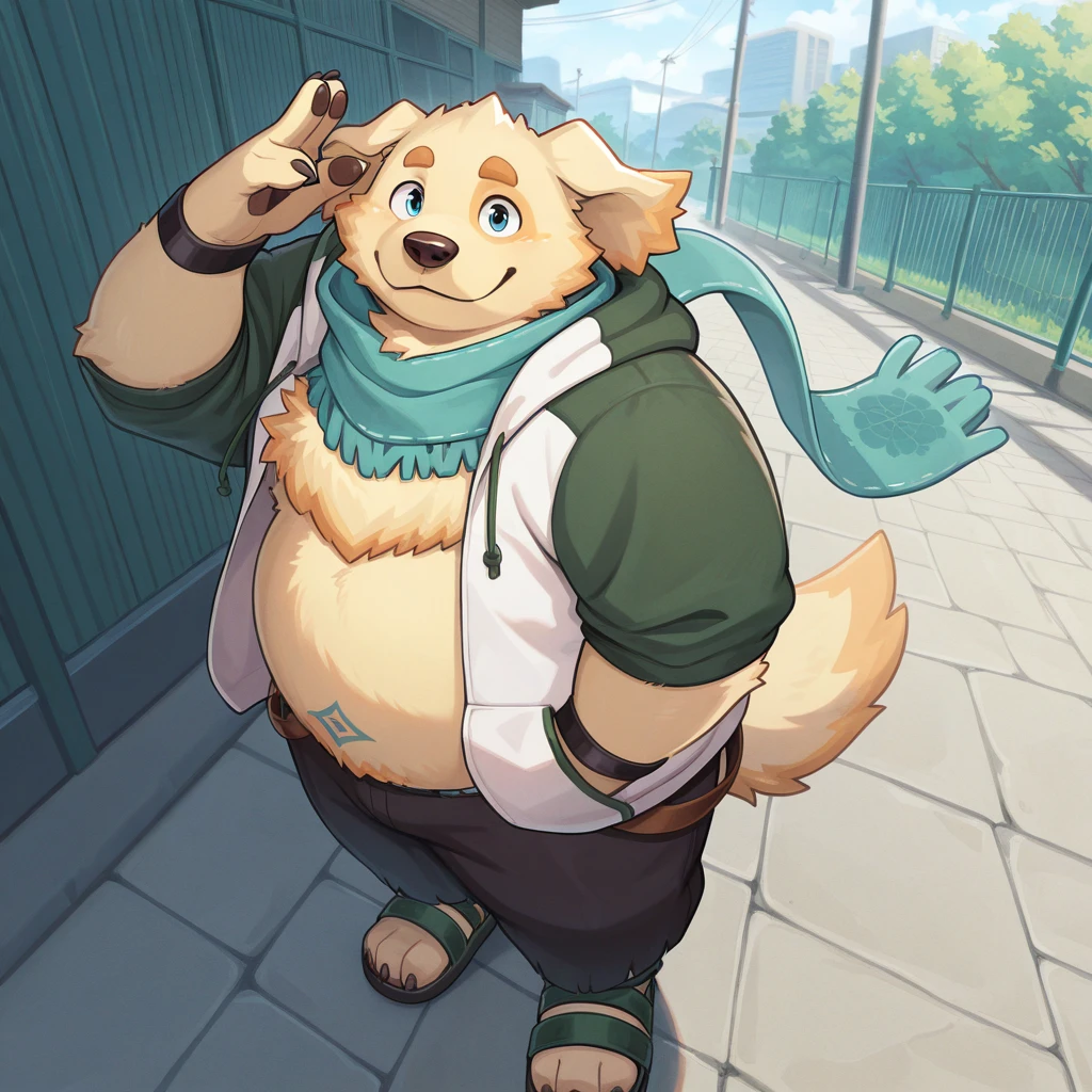 masterpiece, best quality, newest, absurdres, highres, safe,<lora:p:1> cu sith, furry, anthro, dog, golden retriever, chubby, fat, scarf, hoodie, sandals, pants, looking at viewer, smiling, standing up, posing, cute, :3 <lora:NOOB_EPSv1_1_detailer_by_vlnvk_v1_0:1>  detailed background,