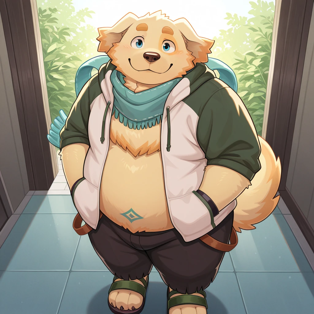 masterpiece, best quality, newest, absurdres, highres, safe,<lora:p:1> cu sith, furry, anthro, dog, golden retriever, chubby, fat, scarf, hoodie, sandals, pants, looking at viewer, smiling, standing up, posing, cute, :3 <lora:NOOB_EPSv1_1_detailer_by_vlnvk_v1_0:1>  detailed background,