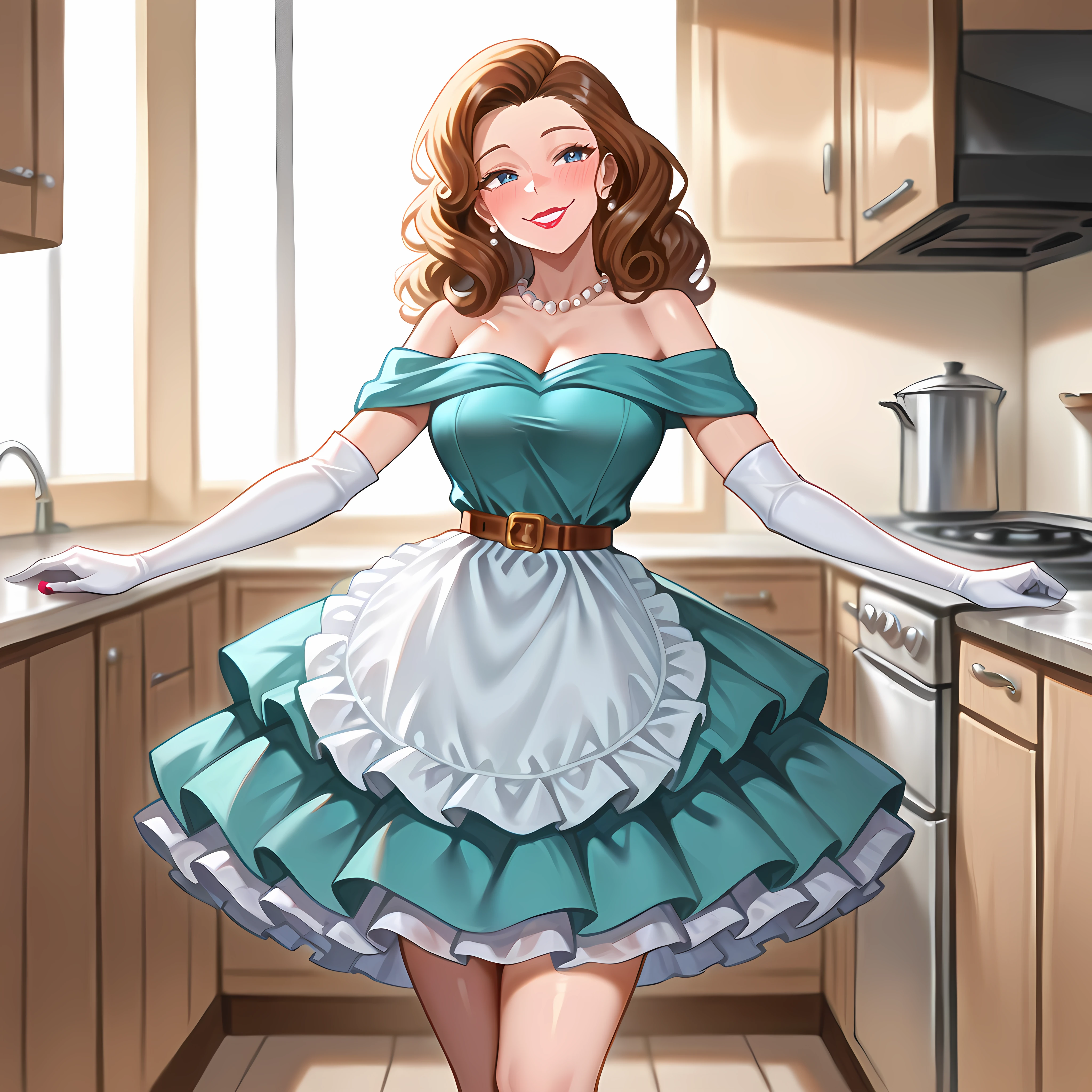 Masterpiece, newest, perfect quality, best quality, 1girl, solo, cowboy shot, 50shous3wif3, jewelry, full body, lipstick, pearl necklace,layered dress, apron, white elbow gloves, belt, smile, blush, smile, off-shoulder dress, indoors, kitchen
