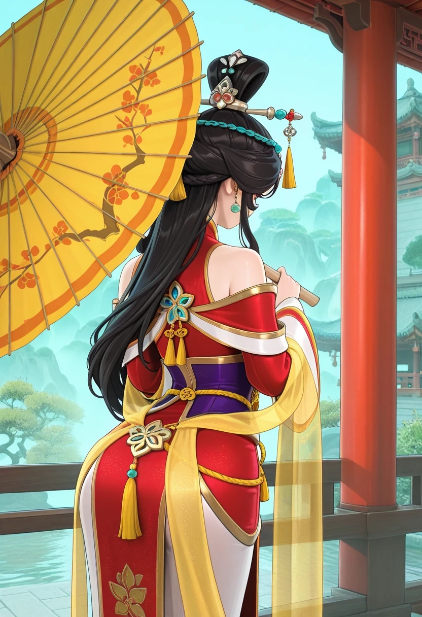 1girl, wangzhaojun, black hair, long hair, topknot, hair ornament, hair stick, hair chain, red chinese dress, bare shoulder, detached wide sleeves, yellow shawl, purple sash, tassel, chatelaine, holding oil-paper umbrella, from behind, outdoor, highres,  masterpiece, best quality, amazing quality, very awa, very aesthetic, , <lora:Illust\edit\new\wangzhaojun_civilization_v2.safetensors:1.0:1.0>