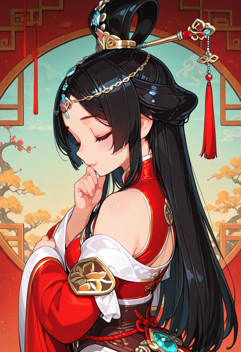 1girl, wangzhaojun, lips, black hair, long hair, topknot, hair ornament, hair stick, hair chain, red chinese dress, bare shoulder, detached wide sleeves, blush, smile, closed eyes, upper body, side view,  highres,  masterpiece, best quality, amazing quality, very awa, very aesthetic, , <lora:Illust\edit\new\wangzhaojun_civilization_v2.safetensors:1.0:1.0>