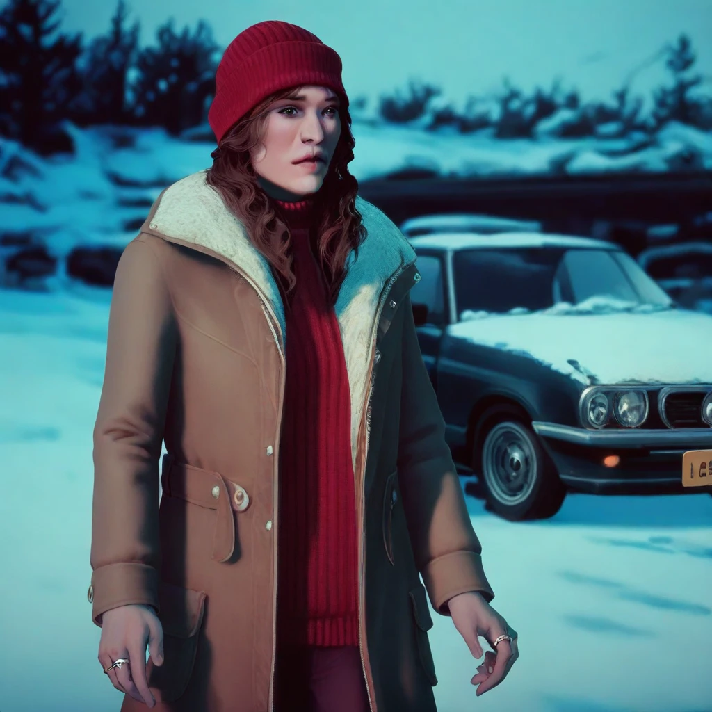hat, standing, sweater, ring, realistic, jewelry, motor vehicle, snow, brown hair, outdoors, coat