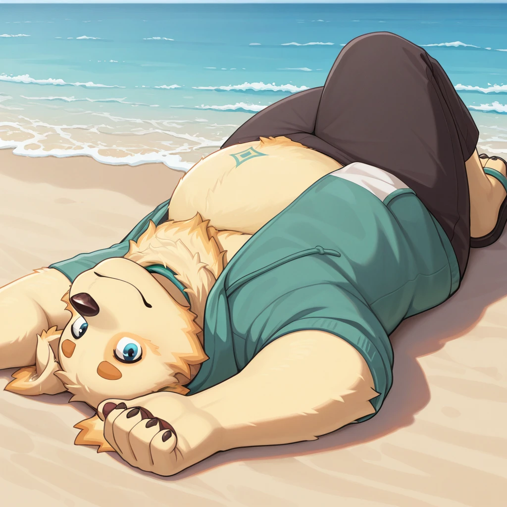 masterpiece, best quality, newest, absurdres, highres, safe,<lora:p:1> cu sith, furry, anthro, dog, golden retriever, chubby, fat, scarf, hoodie, sandals, pants, outside, beach background, beach scenery, water, relaxing, laying down, looking at viewer, barefoot, <lora:NOOB_EPSv1_1_detailer_by_vlnvk_v1_0:1>  detailed background,