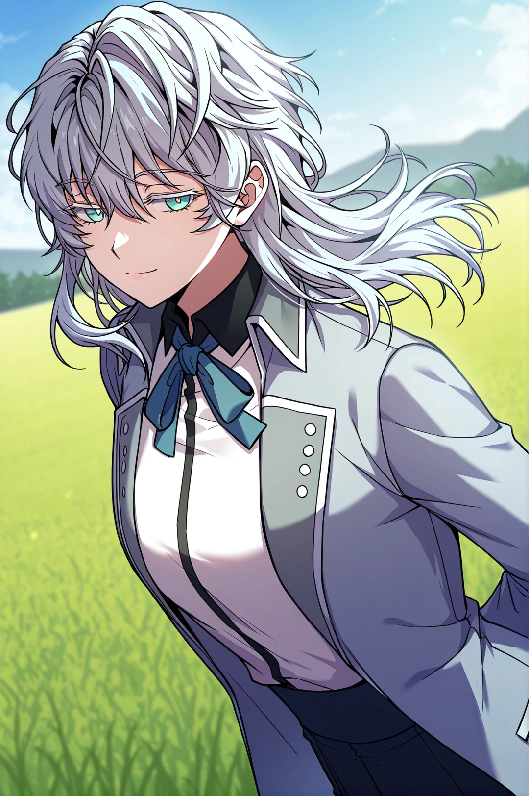 <lora:Return_of_Legendary_Spear_Knight__Icarus:1>
Icarus3, 1girl, solo, teal eyes, medium hair, messy hair, light silver hair, layered hair, wavy hair, long bangs, messy bangs, face framing locks, hair covering eyes,
Icarus3_outfit, light blue blazer, open blazer, silver buttons, white trim, white shirt, black collar, blue ribbon necktie, high-waist black pants, dark blue knee-high lace-up boots,
score_9, score_8_up, score_7_up, very aesthetic, source_anime, detailed, high quality, beautiful, masterpiece, detailed eyes, field, blurry background, pose dynamic angle, upper body, cowboy shot, light smile, floating hair, half-closed eyes, hands behind back, leaning forward, looking forward, looking at viewer
