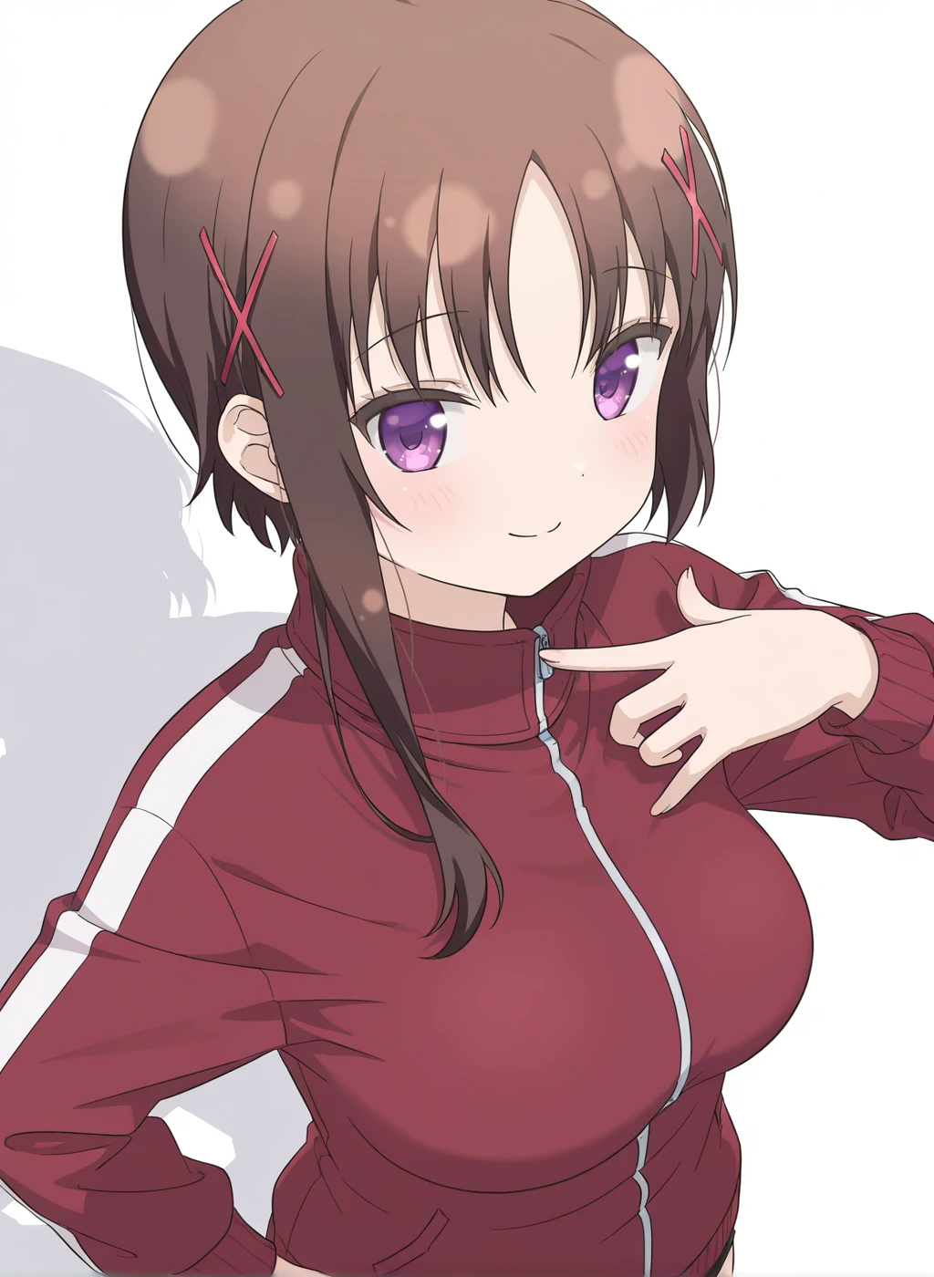masterpiece,best quality,amazing quality,very aesthetic,high resolution,ultra-detailed,absurdres,newest,scenery,sensitive BREAK
<lora:hagino_chiaki_V1_IL:1>,(hagino chiaki, hinako note, brown hair, short hair with long locks, purple eyes, sidelocks, asymmetrical hair, medium breasts, x hair ornament, hairclip),(black buruma,red jacket,track jacket),1girl,solo,smile,posing,standing,looking at viewer,portrait,simple background,white background,