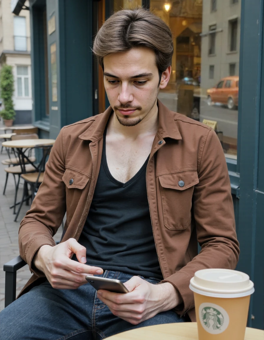 l3n0v0 photo portrait of a young thin JacobNobody. He is sitting on a chair outside a cafe. He looks at his phone. He has a thoughtful expression. He is wearing a brown jacket and a black shirt with a low neckline. coffee in a paper cup.