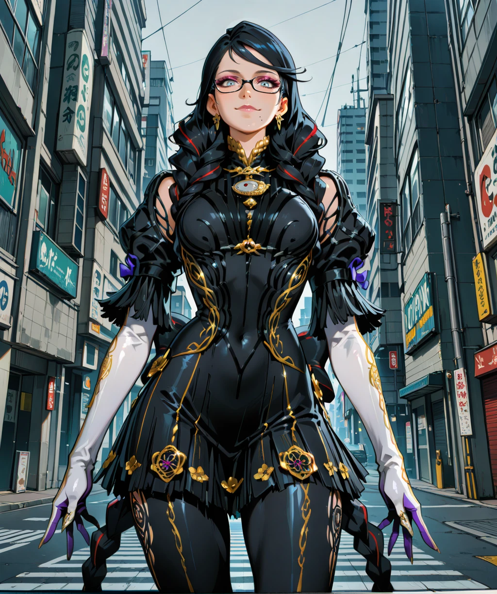 bynttaxl, light blue eyes, makeup, black hair, streaked hair, glasses, mole under mouth,
jewelry, earrings, twin braids, bodysuit, clothing cutout, elbow gloves, hips,
standing, skirt, smile,
dark, Soft lighting, looking at viewer, urban,
clear composition, atmospheric haze, ambient occlusion,
(insanely detailed, masterpiece, best quality,), <lora:BayonettaXL-12v1-iLL:1>,