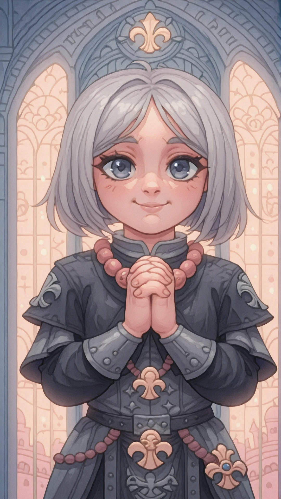 <lora:RogueTraderSisterArgenta:0.9> RogueTraderSisterArgenta, prayer beads, praying, interlocked fingers, cathedral, gothic architecture, stained glass, sunbeam, fleur-de-lis, solo, <lora:KawaiiMirai_IXL:0.8> k4w4iim1r41, k4w4iim1r41, cute outfit, pastel, chibi, happy,