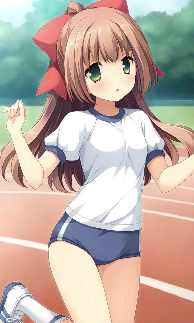 shindo meika, green eyes, long hair, brown hair, hair bow, short sleeves, red bow, sports uniform, white top, navy blue shorts, white socks, white shoes, bikini-style gym bloomers, gym bloomers resembling bikini bottoms,