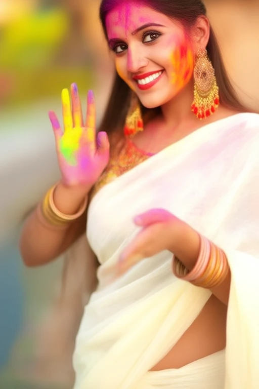 A high def photoshoot featuring a beautiful 20 year old petite yet hourglass figure photogenic smiling North Indian woman celebrating Holi, a Hindu festival of colors. She is standing in front of a backdrop of swirling colorful powders, predominantly Red, Green, Yellow, Blue, and Purple. The woman is smiling warmly, her face smeared with vibrant colors, including Red, Green, Yellow, Blue, and Purple. Her long, dark hair is partially covered by a traditional white saree, which is draped elegantly over her shoulder. She is wearing intricate, gold jewelry including large, ornate earrings and multiple bangles on her wrists. Her makeup is bold and colorful, matching the festive atmosphere, with a bright pink lipstick and eyeshadow. She is holding her hands out, one raised and the other open, with her fingers spread wide, as if playfully splashing or throwing colors. The colors on her hands are vivid and splattered, indicating she has been actively participating in the festivities. The background is a gradient of the aforementioned colors, with the woman standing in front of it, making her a focal point. The lighting is warm and bright, enhancing the festive mood and the vivid colors of the scene. The overall atmosphere is joyful and celebratory, capturing the essence of Holi, a festival known for its vibrant colors and playful spirit. Festival_of_Colors