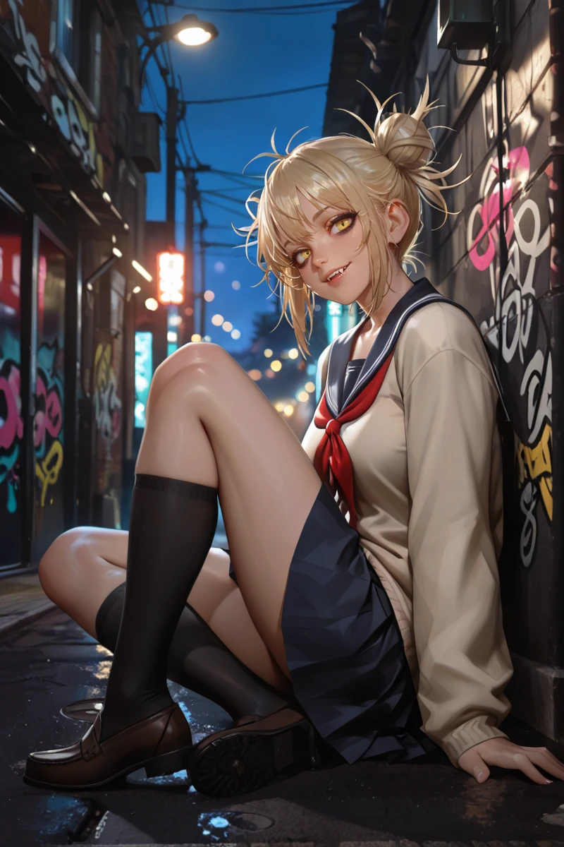 cinematic film still ãã¬ããã³101 yellow eyes <lora:Dramatic Lighting Slider:2> ,score_9, score_8_up, score_7_up, score_6_up <lora:Himiko_Toga_ãã¬ããã³._My_Hero_Academia_101:0.8> ãã¬ããã³101, twin messy hair bun, 1girl, blonde hair, yellow eyes , bags under eyes ,eyeliner , school uniform , jewelry, graffiti, outdoors masterwork, masterpiece, best quality, detailed, depth of field, , high detail, best quality, very aesthetic, 8k, dynamic pose, depth of field, dynamic angle, adult, aged up ,smoking , full body, parted lips, relaxing , fangs ,night ky under street light dim , knife on the ground beside her <lora:rimixO:0.59> side view , glancing at viewer side smile . shallow depth of field, vignette, highly detailed, high budget, bokeh, cinemascope, moody, epic, gorgeous, film grain, grainy