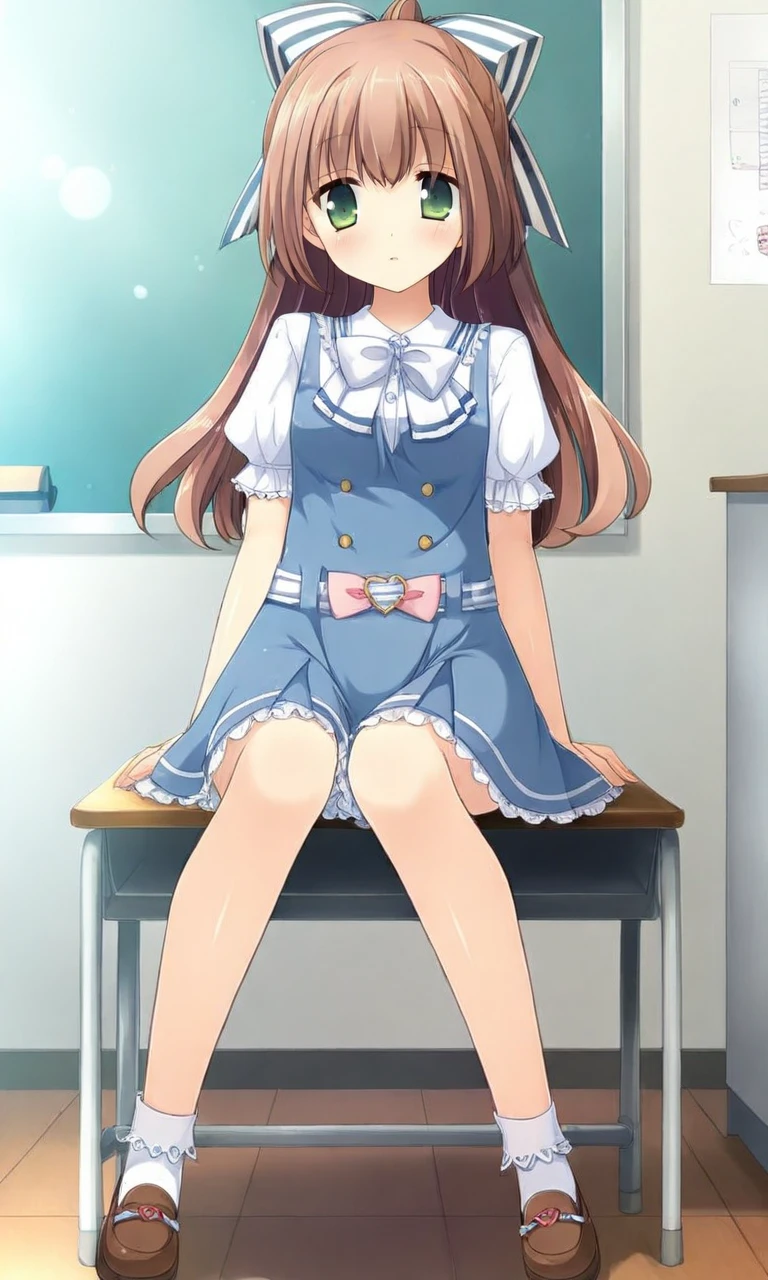 shindo meika, green eyes, long hair, brown hair, hair bow, short sleeves, bow, shirt, striped bow, socks, white shirt, brown footwear, skirt, blue skirt, bangs, white bow, striped, brown shoes, light-pink and white bow detail on the waist, pinafore dress,