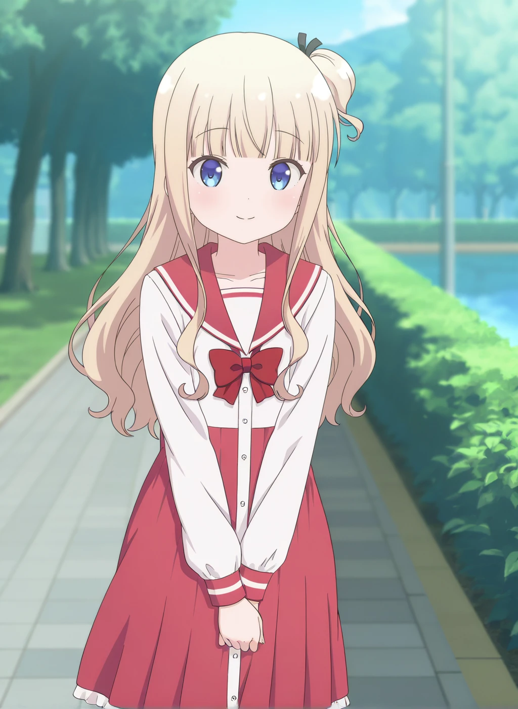 masterpiece,best quality,amazing quality,very aesthetic,high resolution,ultra-detailed,absurdres,newest,scenery,sensitive BREAK
<lora:hiiragi_mayuki_V1_IL:1>,(hiiragi mayuki, hinako note, blonde hair, long hair, blue eyes, blunt bangs, hair ribbon, one side up),(school uniform,serafuku,white shirt,red sailor collar,red bowtie,red dress,red skirt,),1girl,solo,smile,posing,standing,looking at viewer,outdoors,petite,v arms,