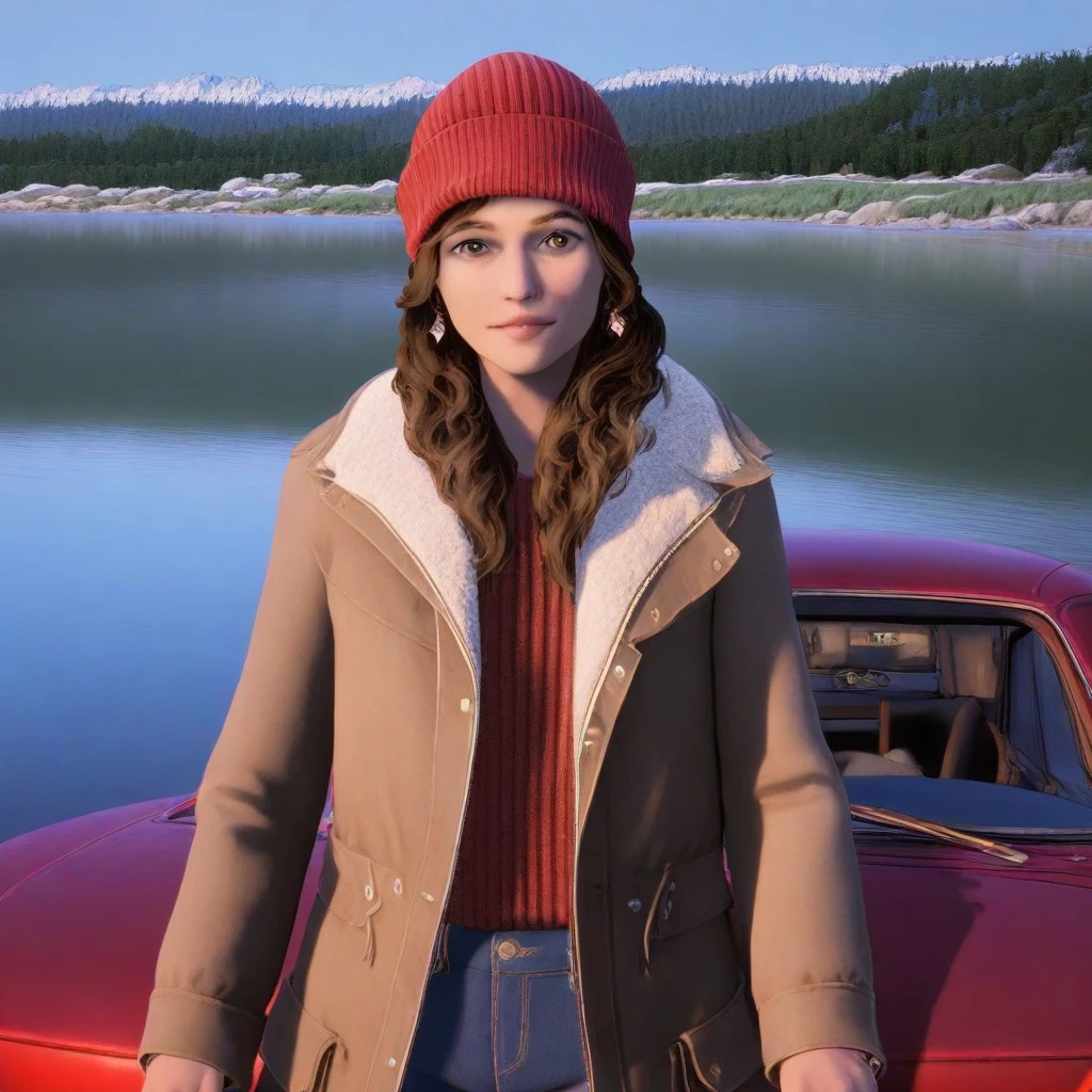 jacket, lake, looking at viewer, car, upper body, ground vehicle, jewelry, jeans, coat, brown hair, beanie