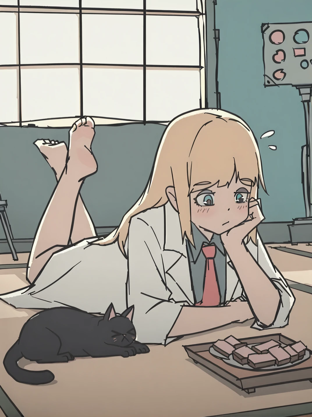 WabokuXL, flat color, sketch, highres, hi res,
1girl, long hair, blush, blue eyes, blonde hair, lying, food, necktie, barefoot, indoors, scarf, feet, toes, soles, animal, flying sweatdrops, cat, red necktie, on stomach, > <, head rest, lab coat, tatami, black cat, the pose,
 <lora:AWaboku_style:1>