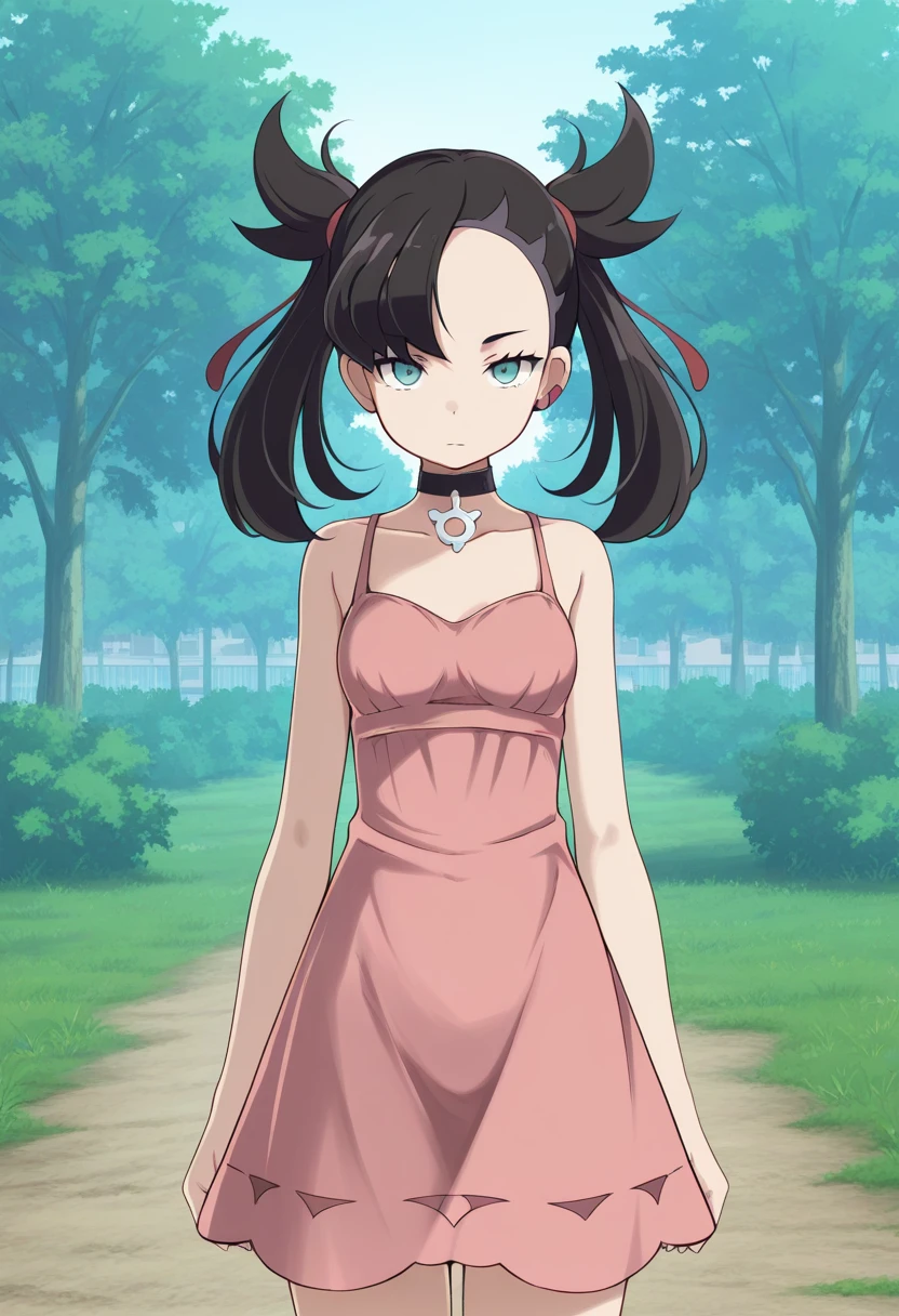1girl, solo, marimarniess, black hair, twintails, medium hair, hair ribbon, asymmetrical bangs, undercut, earclip, choker, sleeveless dress, outdoors, city part, grass, tree, standing, straight on, looking at viewer, expressionless,