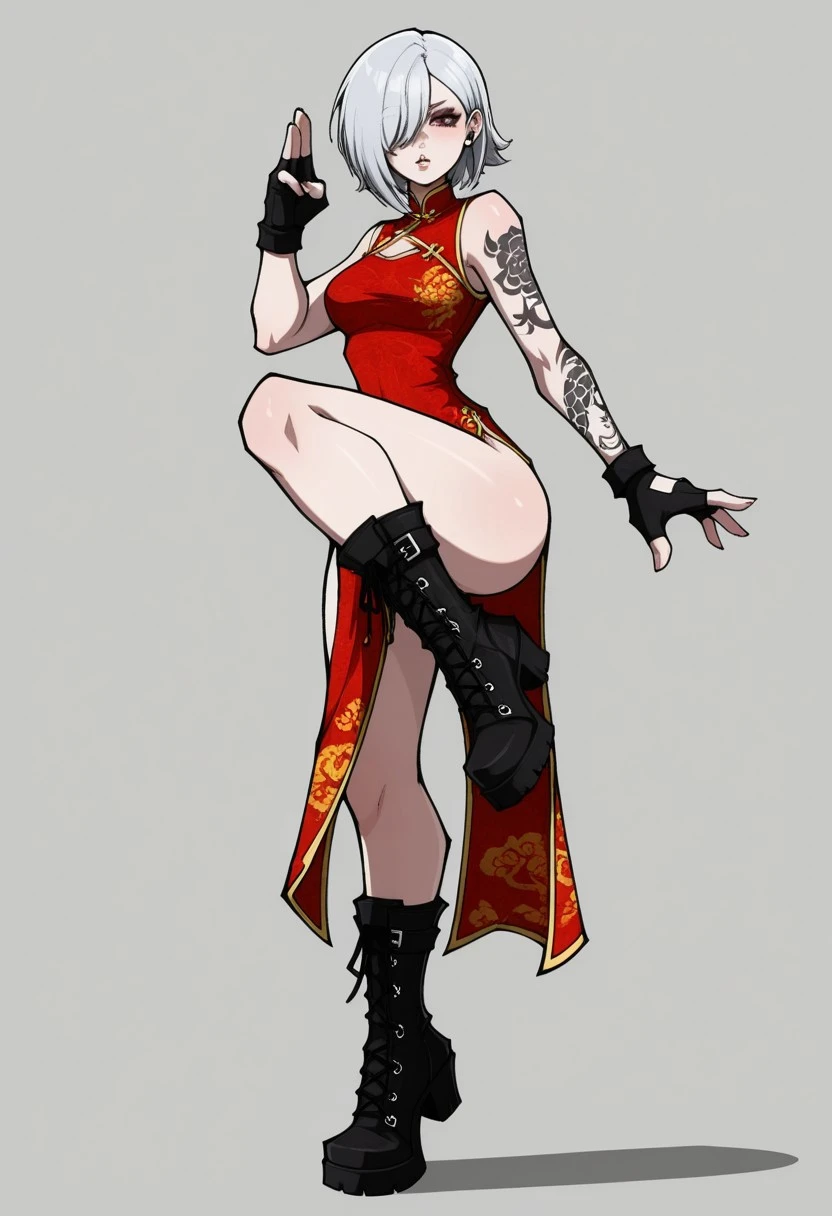 kekel, 1girl, chinese dress, heel boots, fingerless gloves, hair over one eye, arm tattoo, leg up, fighting stance, looking at viewer, parted lips