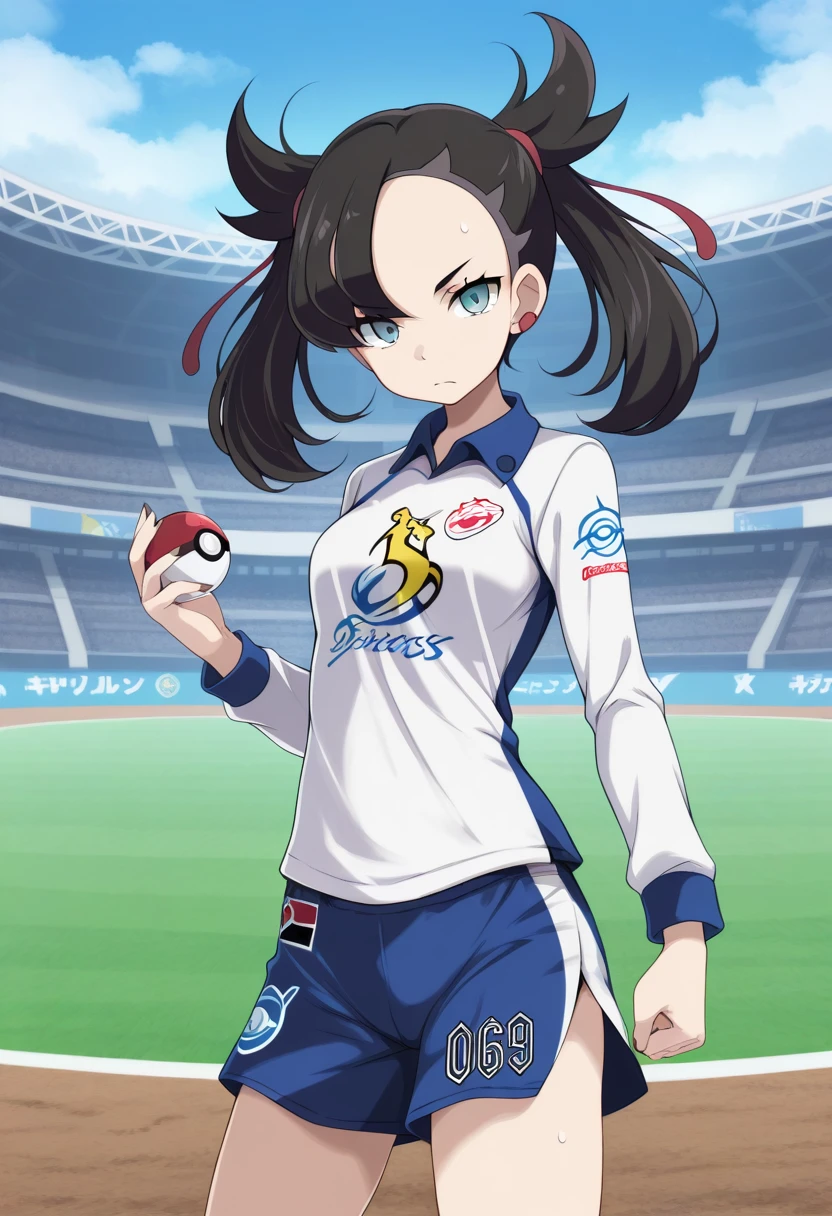 1girl, solo, marimarniess, black hair, twintails, medium hair, hair ribbon, asymmetrical bangs, undercut, earclip, white shirt, long sleeves, side slit shorts, sportswear, outdoors, stadium, standing, cowboy shot, holding pokeball, serious, looking at viewer,