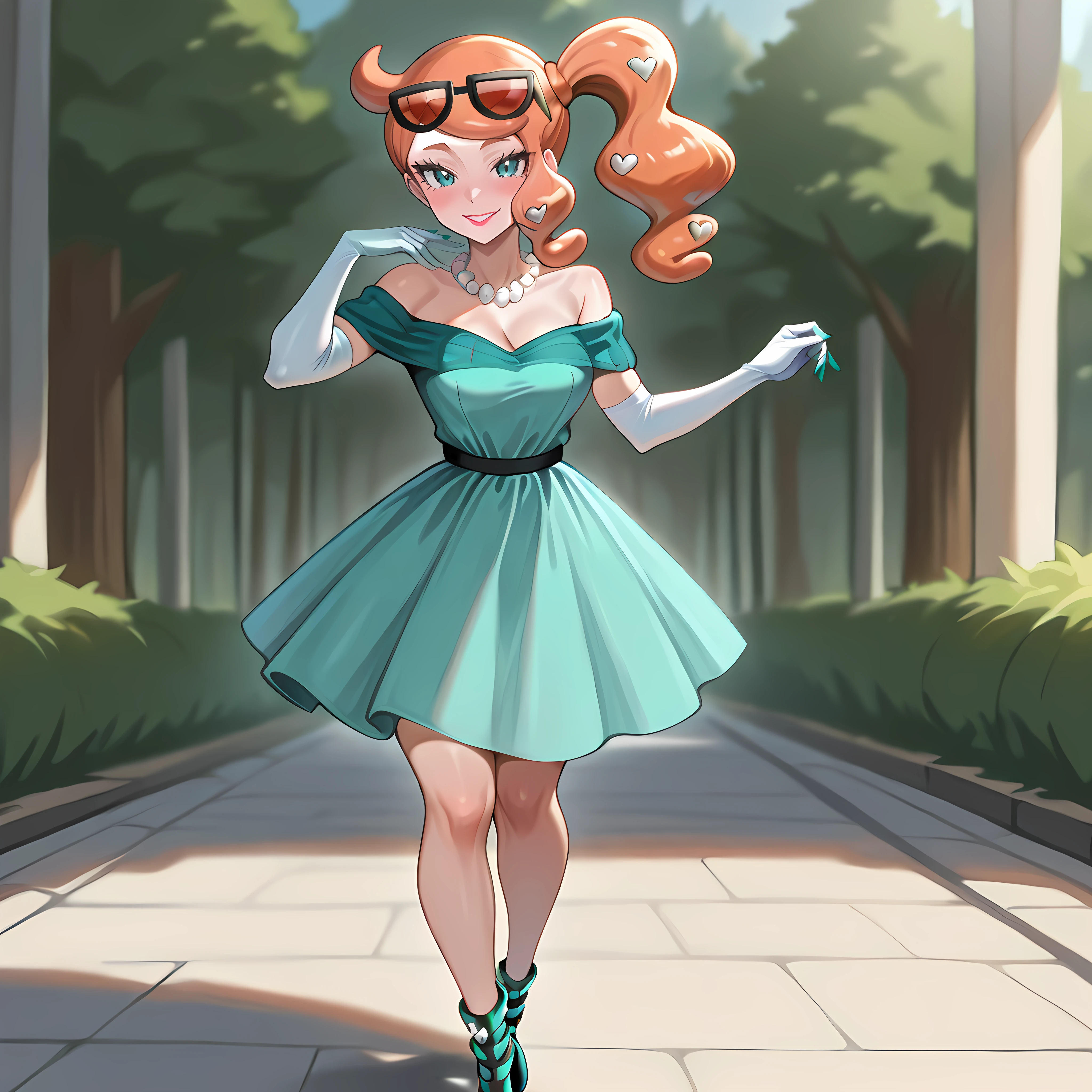 Masterpiece, newest, perfect quality, best quality, 1girl, solo, sonia \(pokemon\), cowboy shot, 50shous3wif3, jewelry, full body, lipstick, pearl necklace,teal dress, white elbow gloves, belt, smile, blush, smile, outdoors, off-shoulder dress