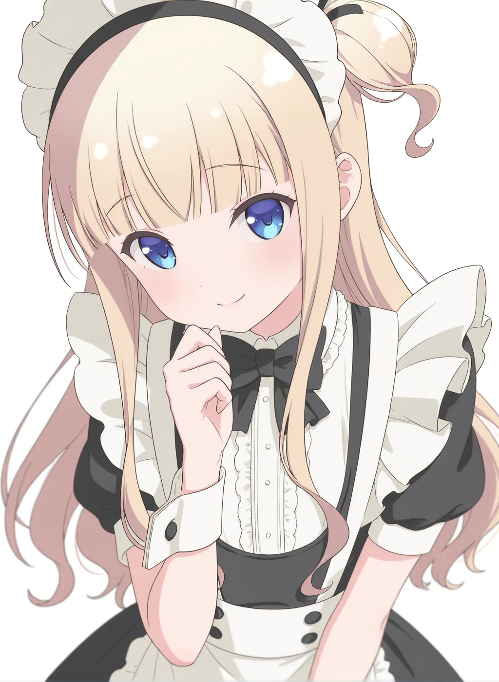 masterpiece,best quality,amazing quality,very aesthetic,high resolution,ultra-detailed,absurdres,newest,scenery,sensitive BREAK
<lora:hiiragi_mayuki_V1_IL:1>,(hiiragi mayuki, hinako note, blonde hair, long hair, blue eyes, blunt bangs, hair ribbon, one side up),(maid,maid apron,maid headdress,black dress,black bowtie,wrist cuffs),1girl,solo,smile,posing,standing,looking at viewer,portrait,simple background,white background,petite,