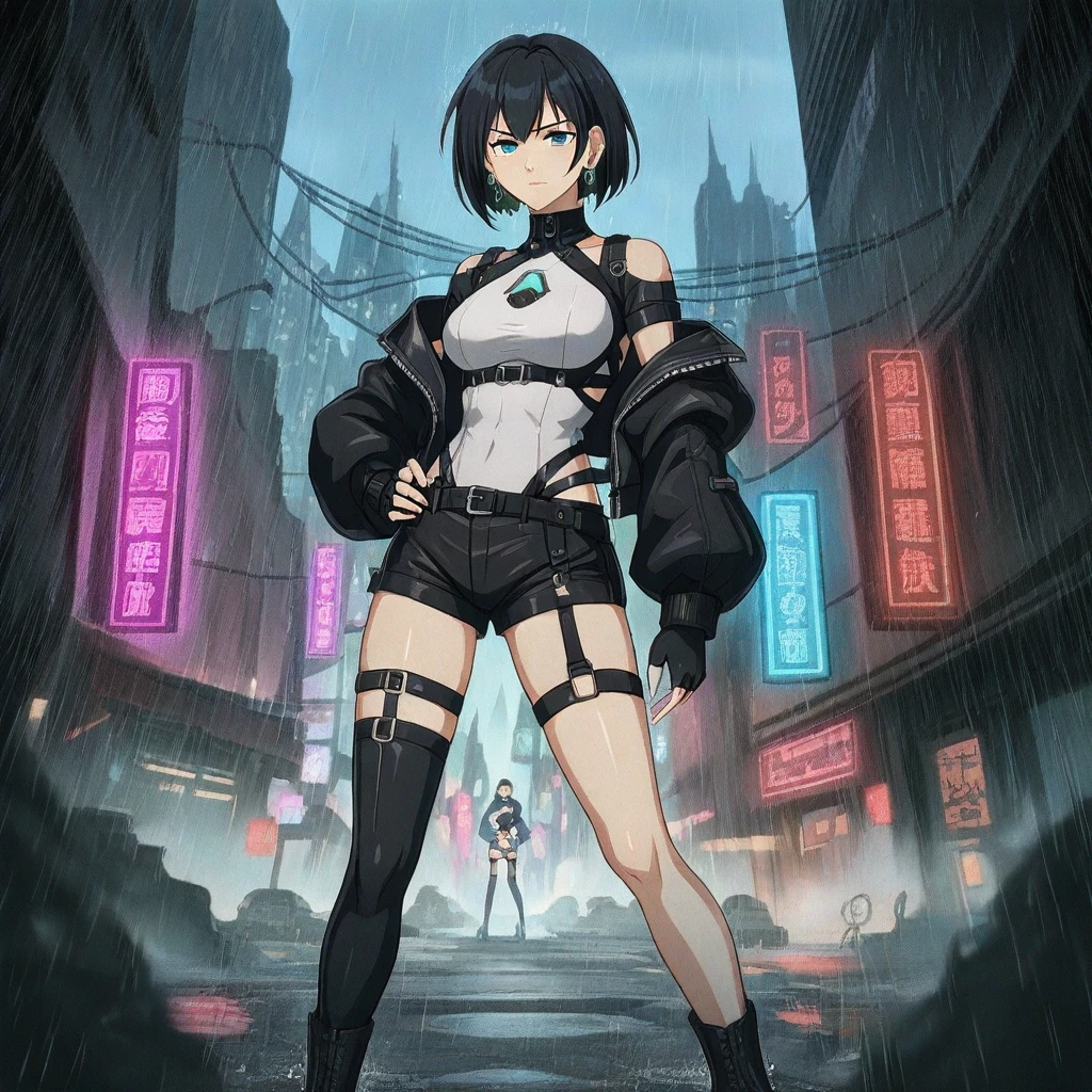 full body, thighhighs, shorts, single thighhigh, standing, black jacket, looking at viewer, outdoors, feet out of frame, breasts, rain, earrings, sky, hand on hip, jewelry, fingerless gloves, off shoulder, building, short hair