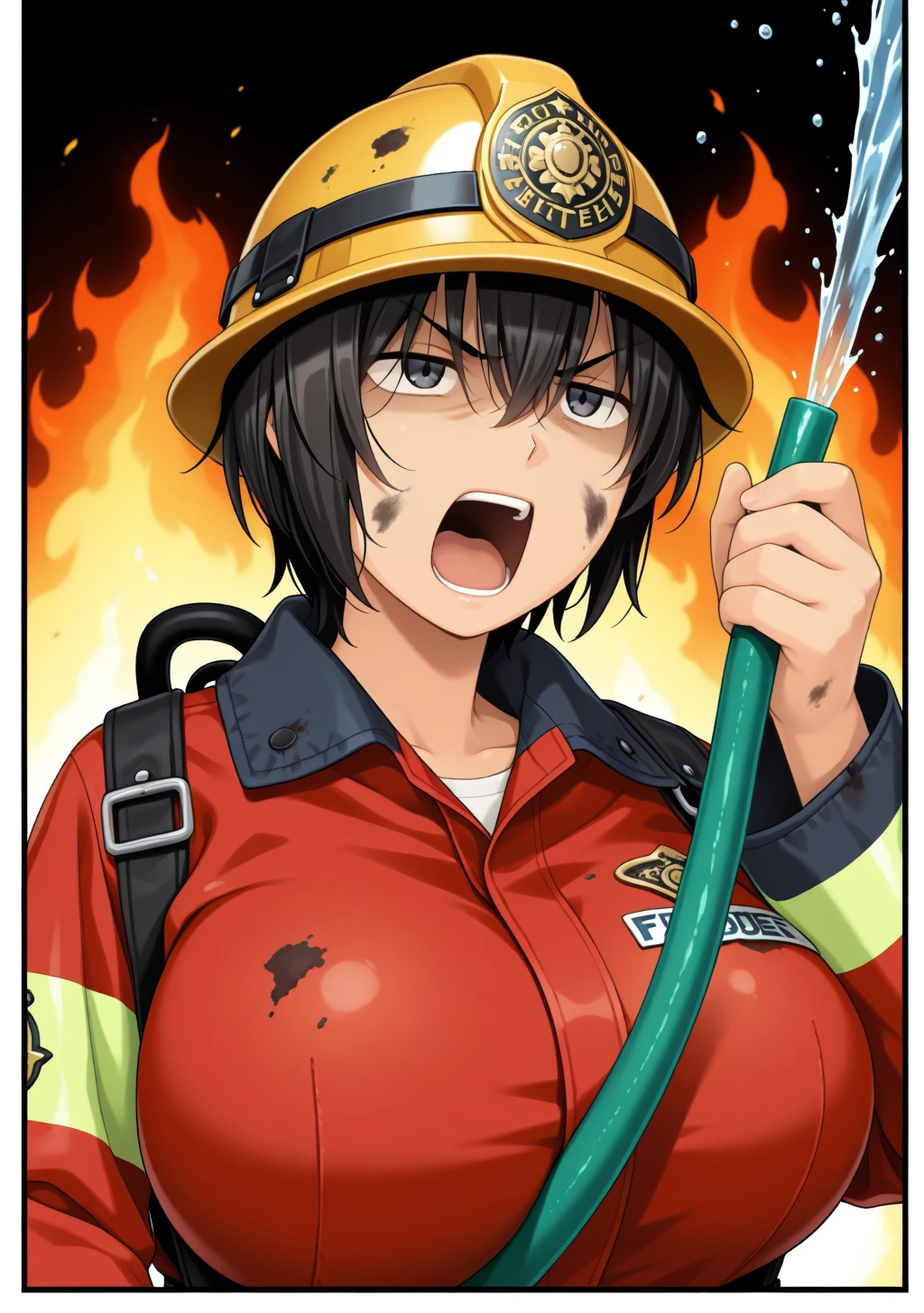masterpiece, best quality, absurdres, perfect lighting,shiny skin,1girl,huge breasts,yukie,short hair,hair between eyes,black hair,black eyes,<lora:yukie_illu2:1>,firefighter, firefighter jacket, helmet,dirty face,dirty clothes, fire,screaming, open mouth,hand up, holding hose, water, v-shaped eyebrows, firefight, black background,fiery background,
