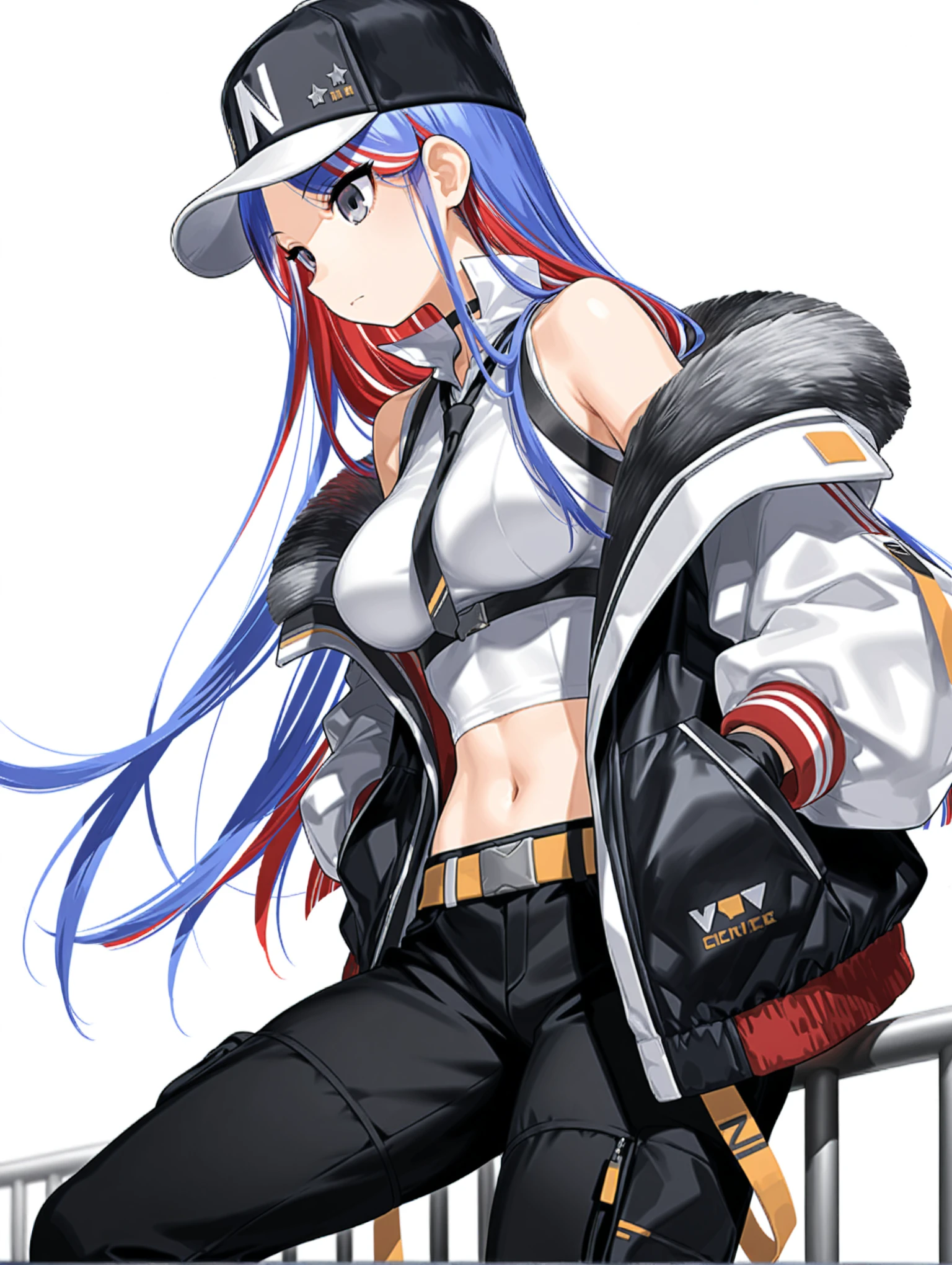 masterpiece,best quality,amazing quality,
solo,1girl,
<lora:south_dakota_v1.6:1>,s_hat,baseball cap,
B_B_s_dakota,multicolored hair,long hair,grey eyes,
v_clothes,black tie,sleeveless shirt,fur trim,open clothes,black gloves,jacket,pants,gloves,midriff,navel,black pants,
<lora:Fixhands_anime_bdsqlsz_V1:1>,voyeur,expressionless,sitting_on_railing,white_background,looking ahead,profile,