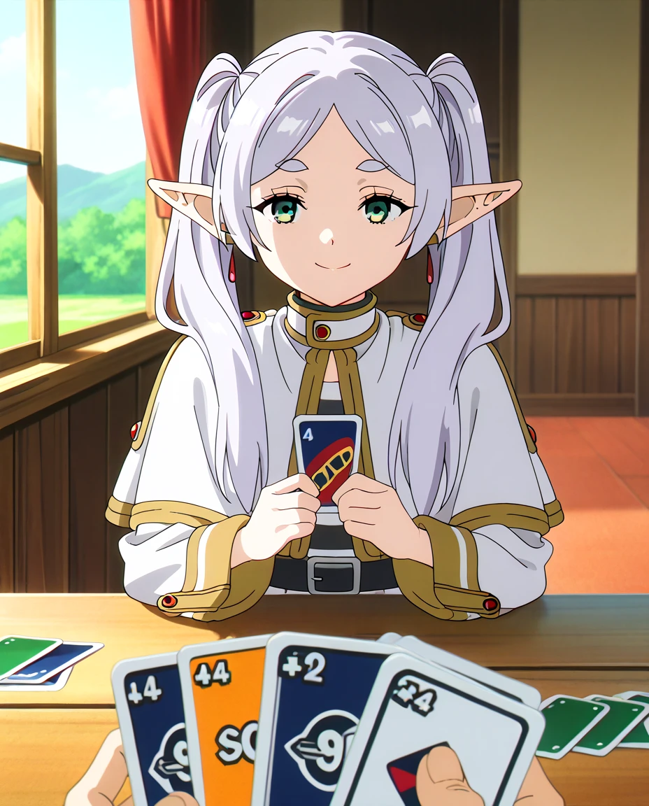 <lora:sfrieren_ponyxl:0.9>, sfrieren, elf, pointy ears, silver hair, white hair, green eyes, robe,belt, capelet, <lora:ImminentUnoLossMeme_pdxl_Incrs_v1:1.1>,holding card, pov, playing card, table, smile, score_9, score_8_up, score_7_up, anime coloring, anime screencap
