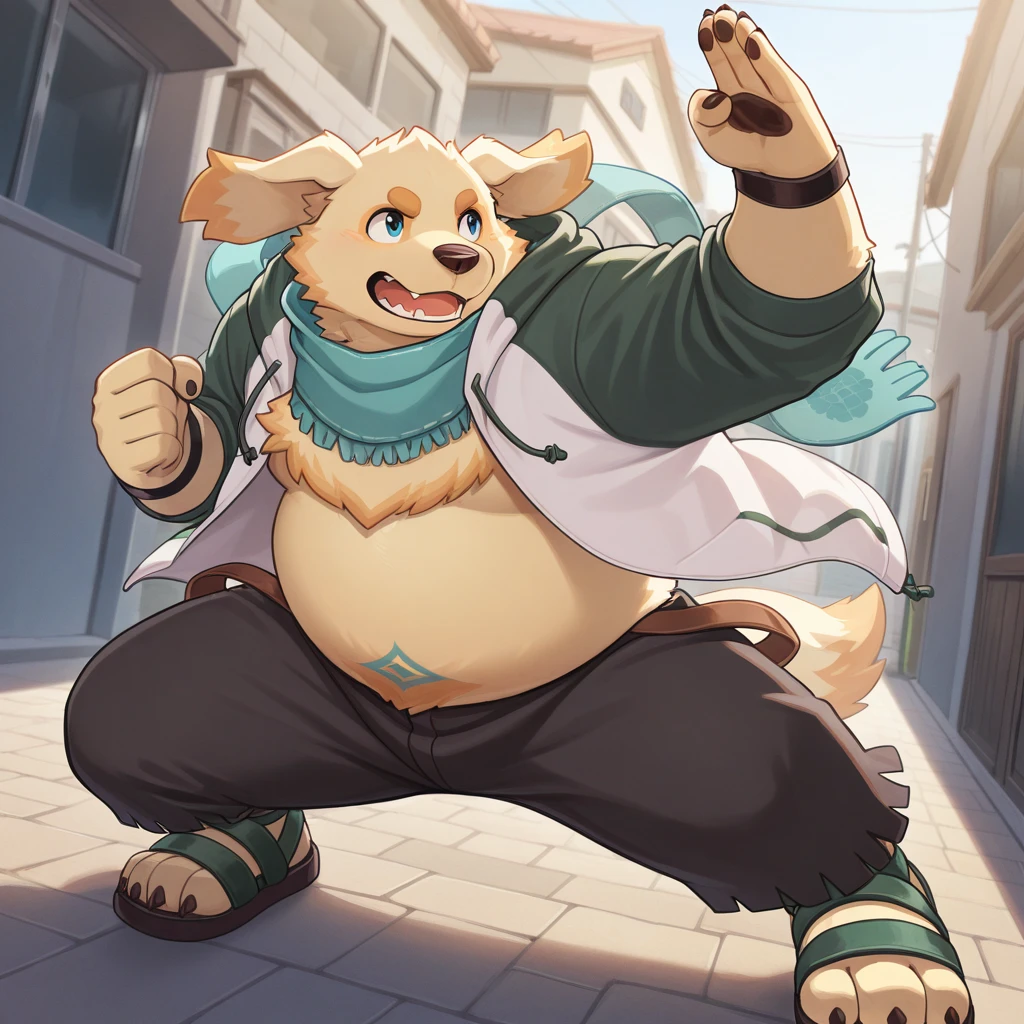 masterpiece, best quality, newest, absurdres, highres, safe,<lora:p:1> cu sith, furry, anthro, dog, golden retriever, chubby, fat, scarf, hoodie, sandals, pants,  outside, fighting stance, action pose,  <lora:NOOB_EPSv1_1_detailer_by_vlnvk_v1_0:1>  detailed background,